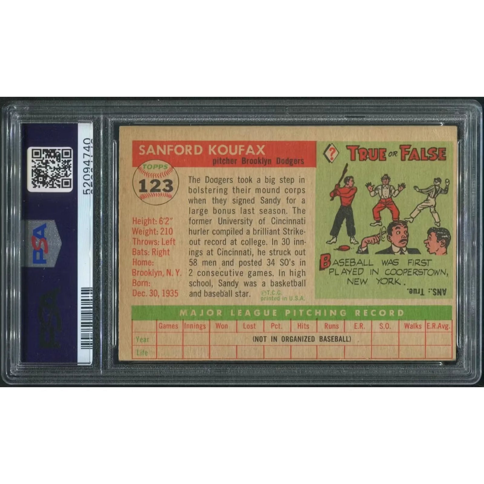 Sandy Koufax 1955 Topps Baseball Rookie Card #123 | PSA 4 VG-EX