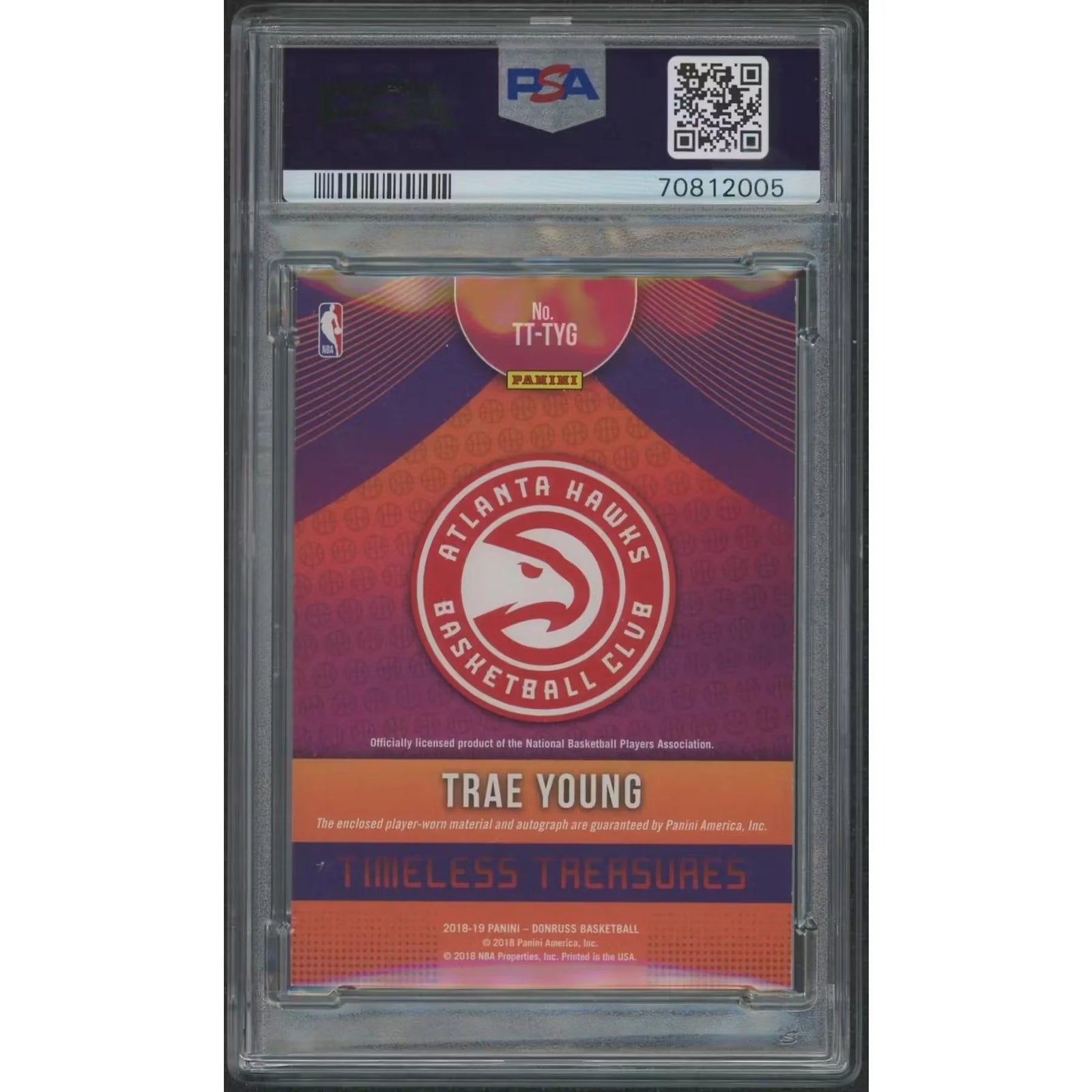 Trae Young 2018-19 Panini Donruss Timeless Treasures Patch Auto | PSA 7 NM
