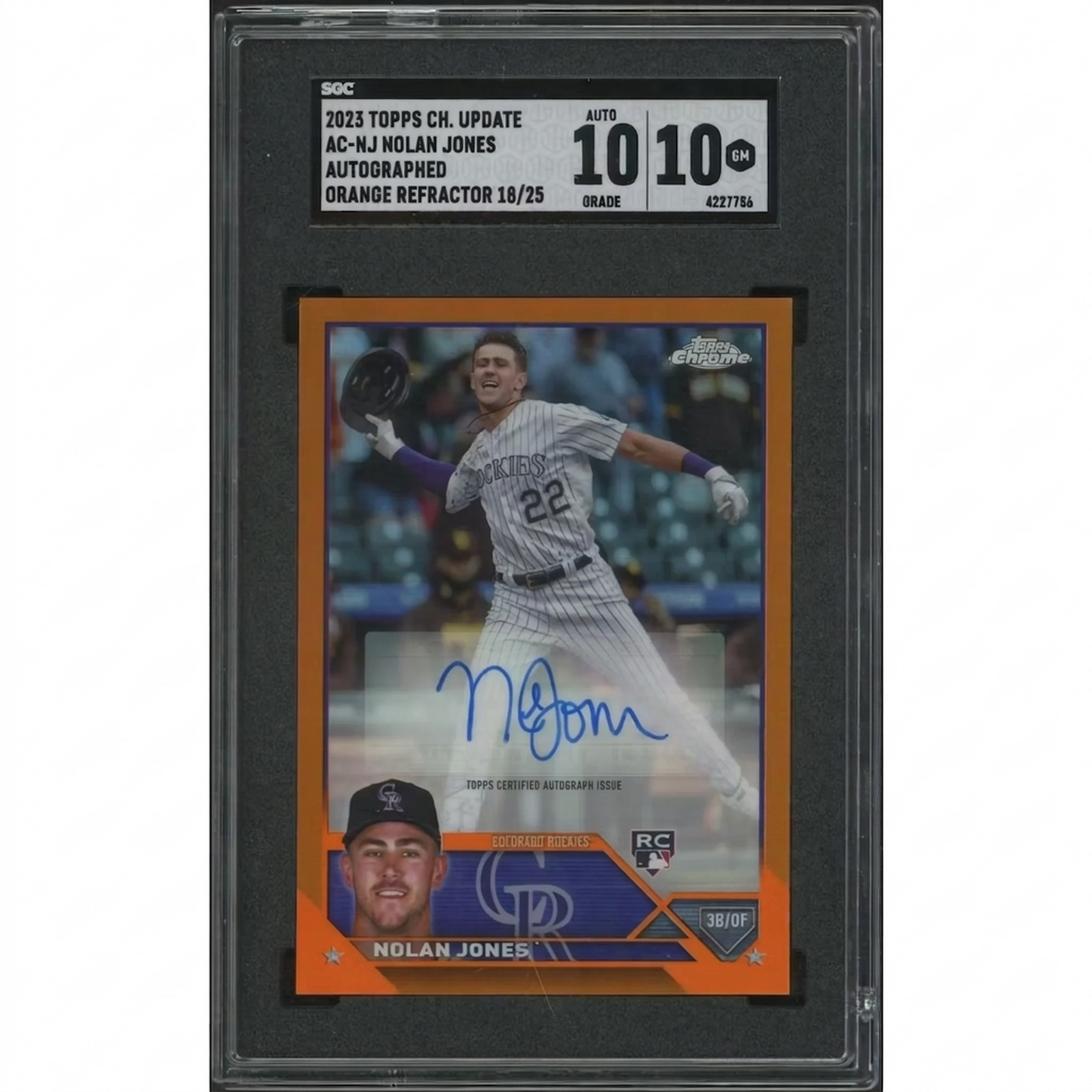 Nolan Jones Signed 2023 Topps Chrome Update Orange Refractor Rookie #18 Card | SGC 10 Gem