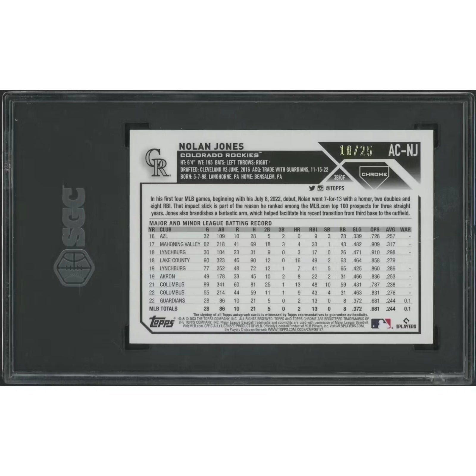 Nolan Jones Signed 2023 Topps Chrome Update Orange Refractor Rookie #18 Card | SGC 10 Gem