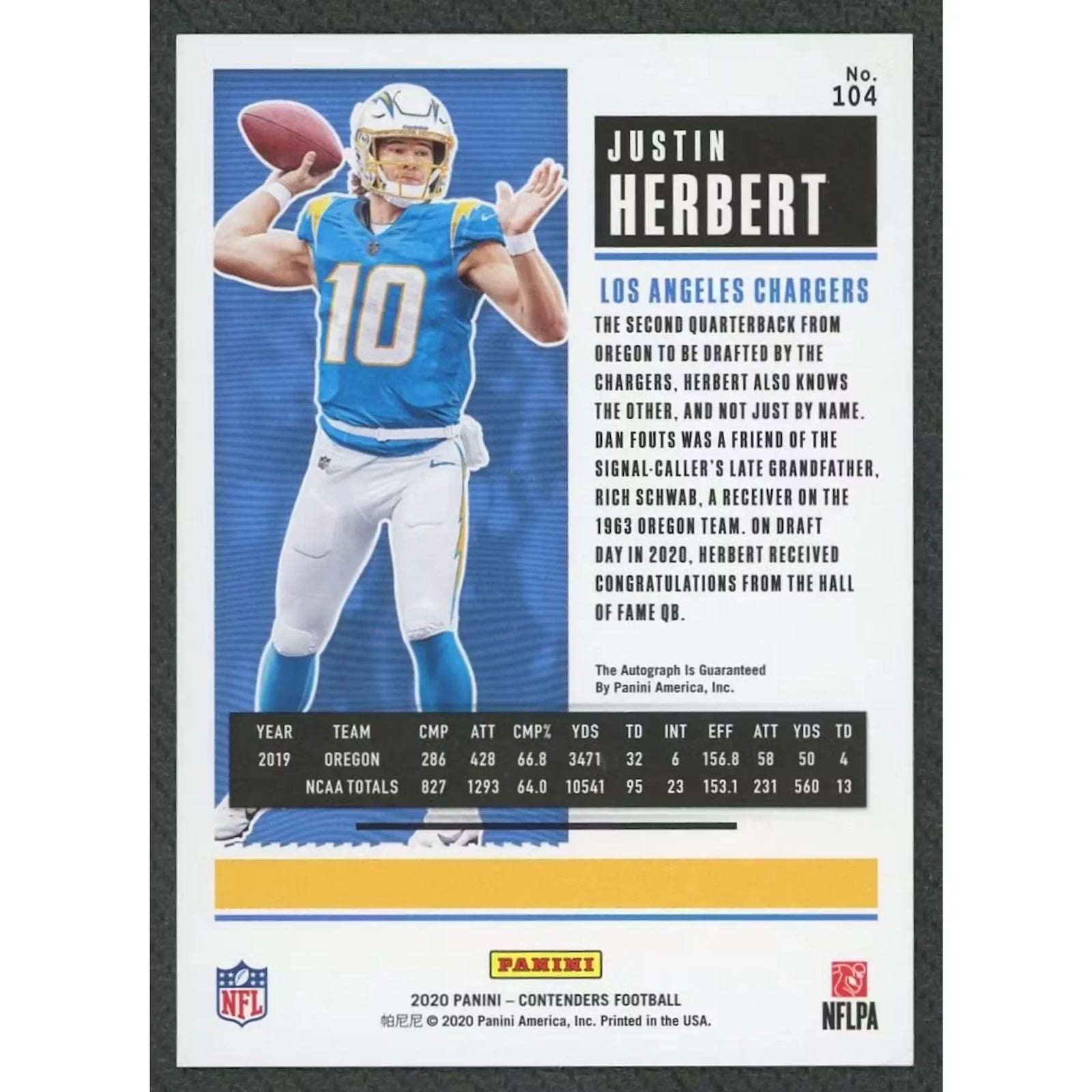 Justin Herbert Signed 2020 Panini Contenders Rookie Ticket Card #104