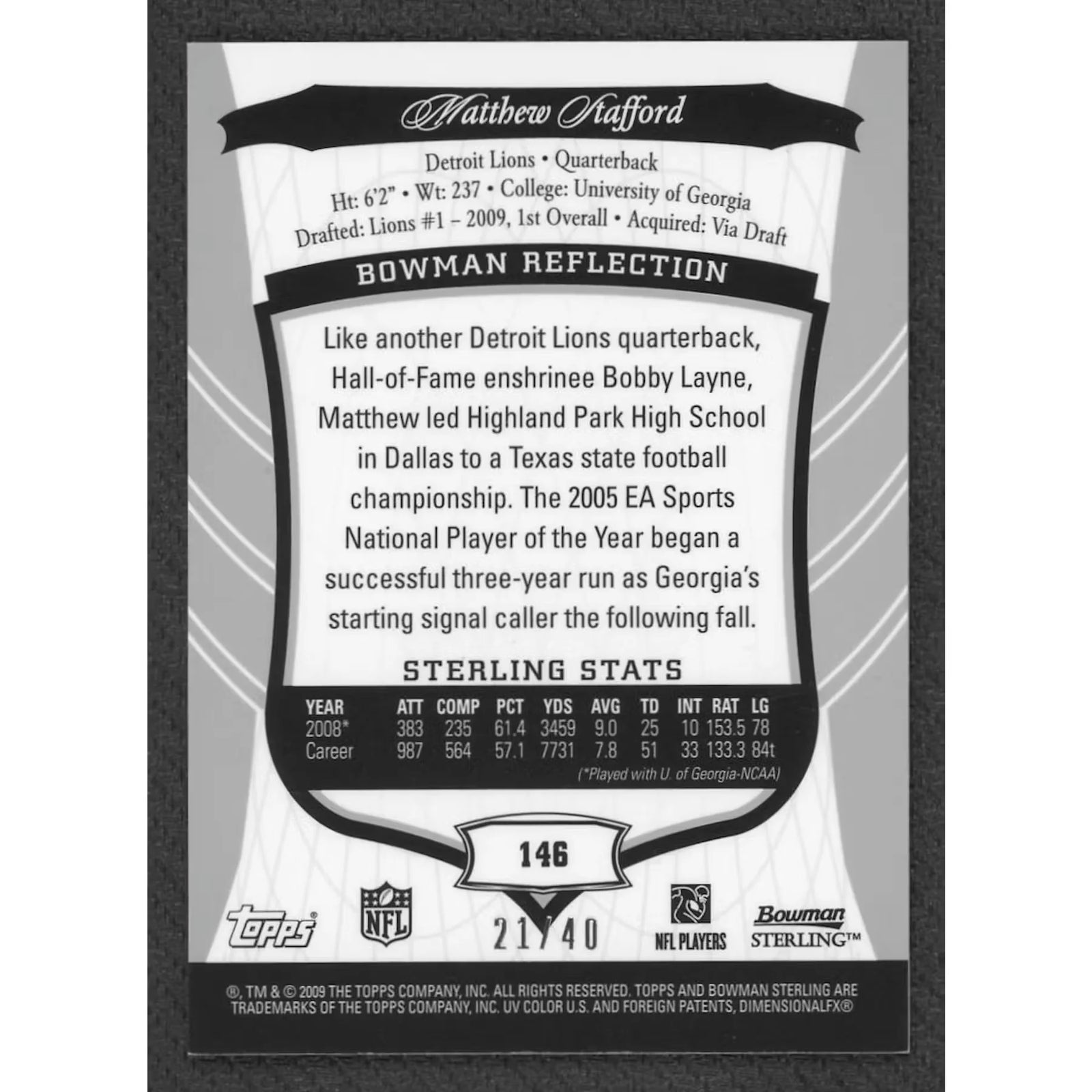 Matthew Stafford 2009 Bowman Sterling Rookie Patch Auto | #146/40