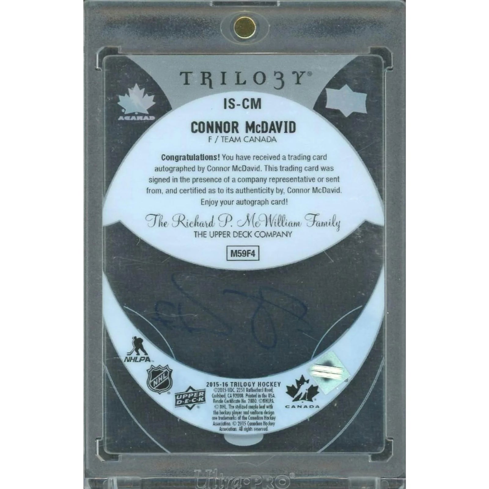 Connor McDavid Signed 2015-16 Upper Deck Trilogy Ice Scripts Rookie Card | Authenticated