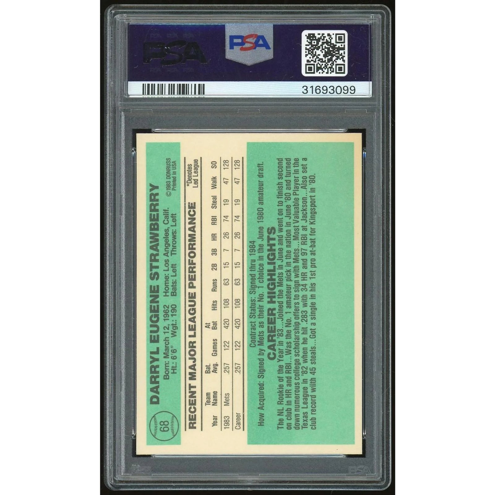 1984 Donruss #68 Darryl Strawberry Rookie Card | PSA 9