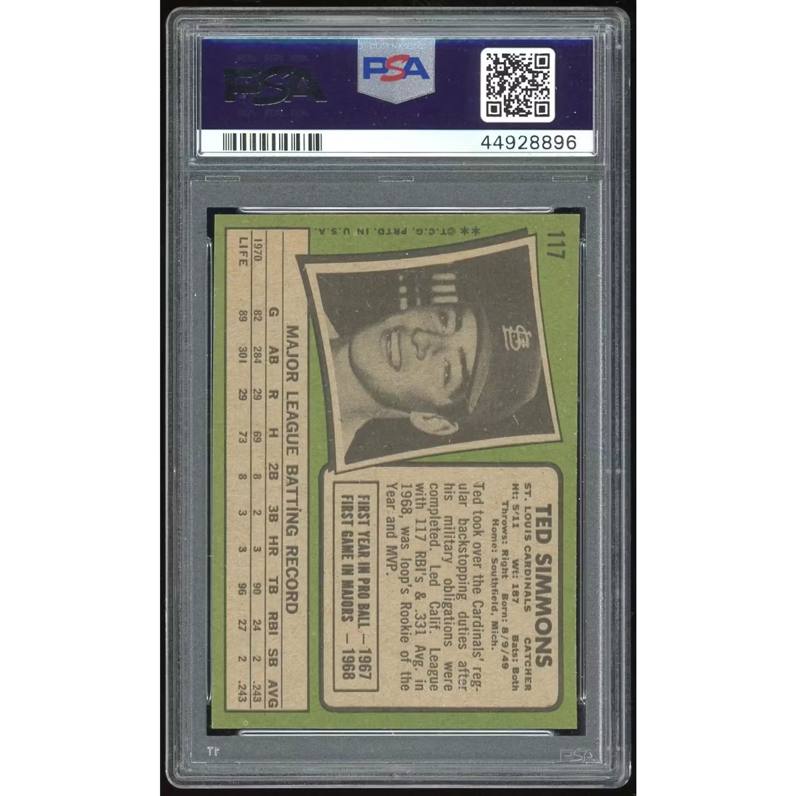 1971 Topps #117 Ted Simmons Rookie Card | PSA 8.5