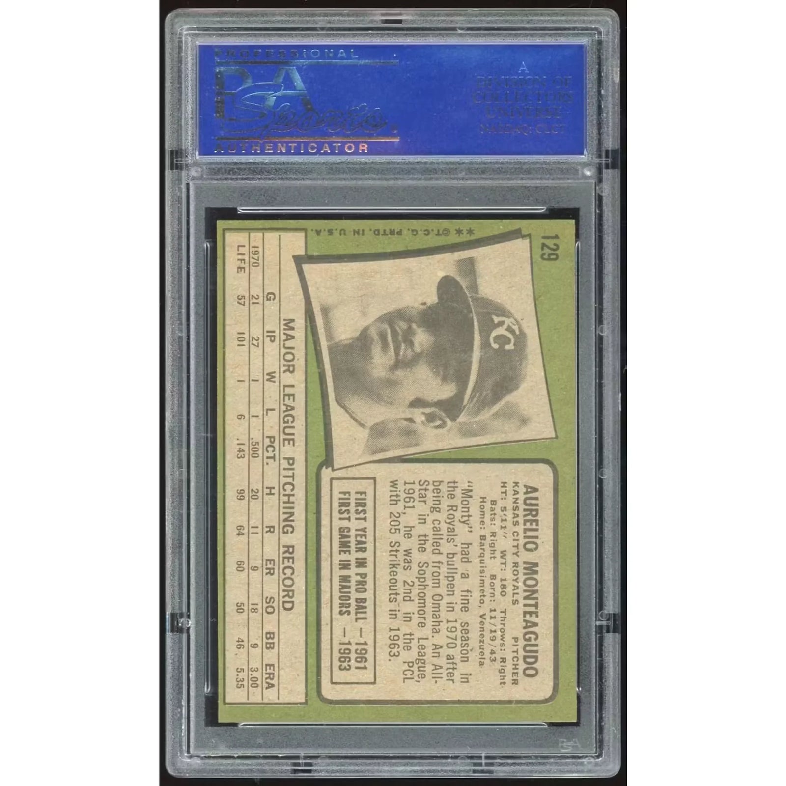 1971 Topps #129 Aurelio Monteagudo Baseball Card | PSA 9