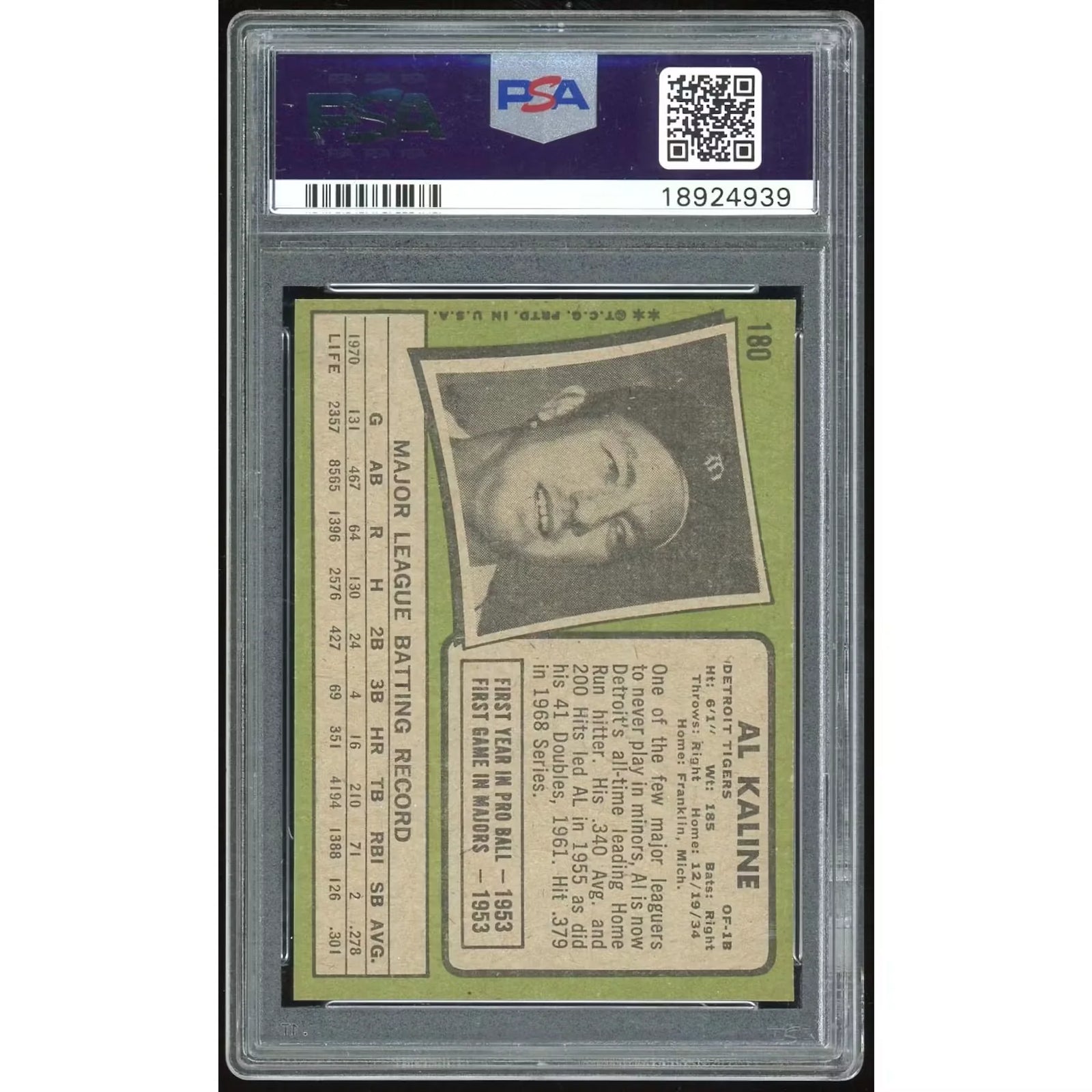 Al Kaline 1971 Topps #180 Baseball Card | PSA 9