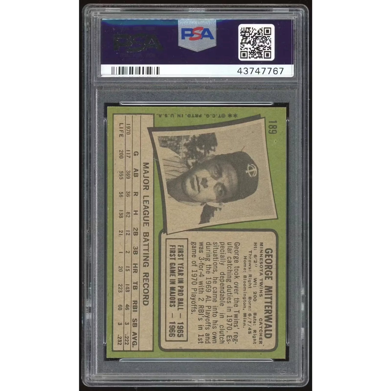 George Mitterwald 1971 Topps #189 | PSA 9