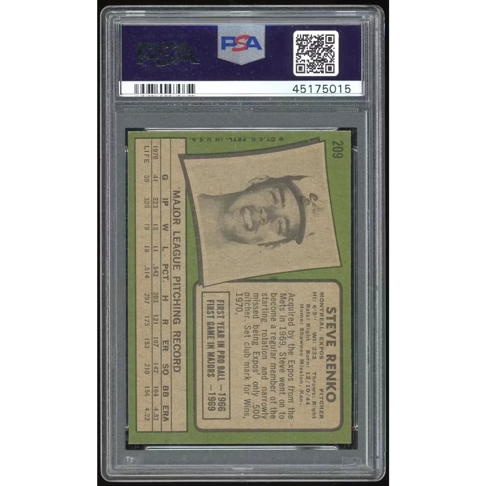 1971 Topps #209 Steve Renko Baseball Card | PSA 9