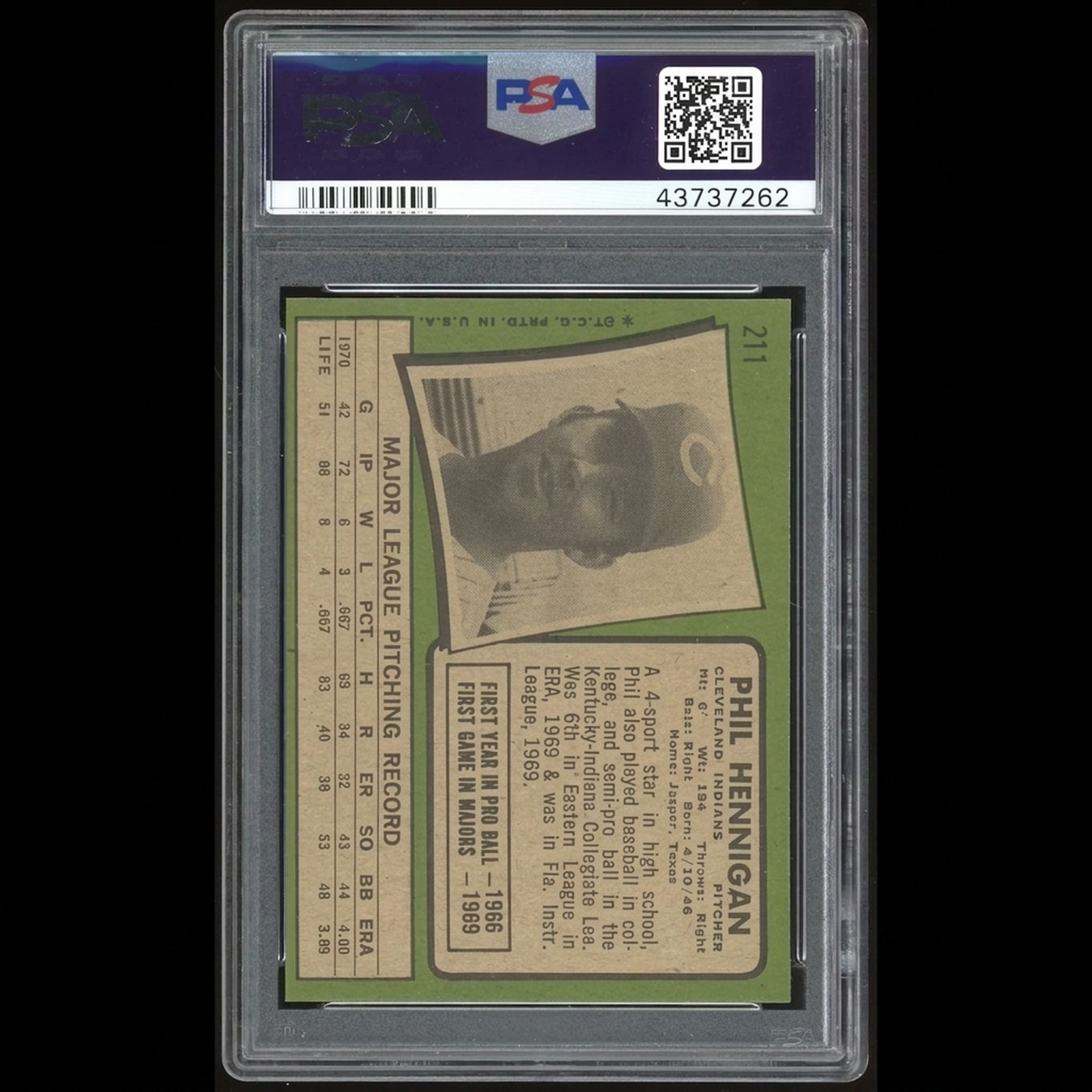 1971 Topps #211 Phil Hennigan Rookie Card | PSA 9