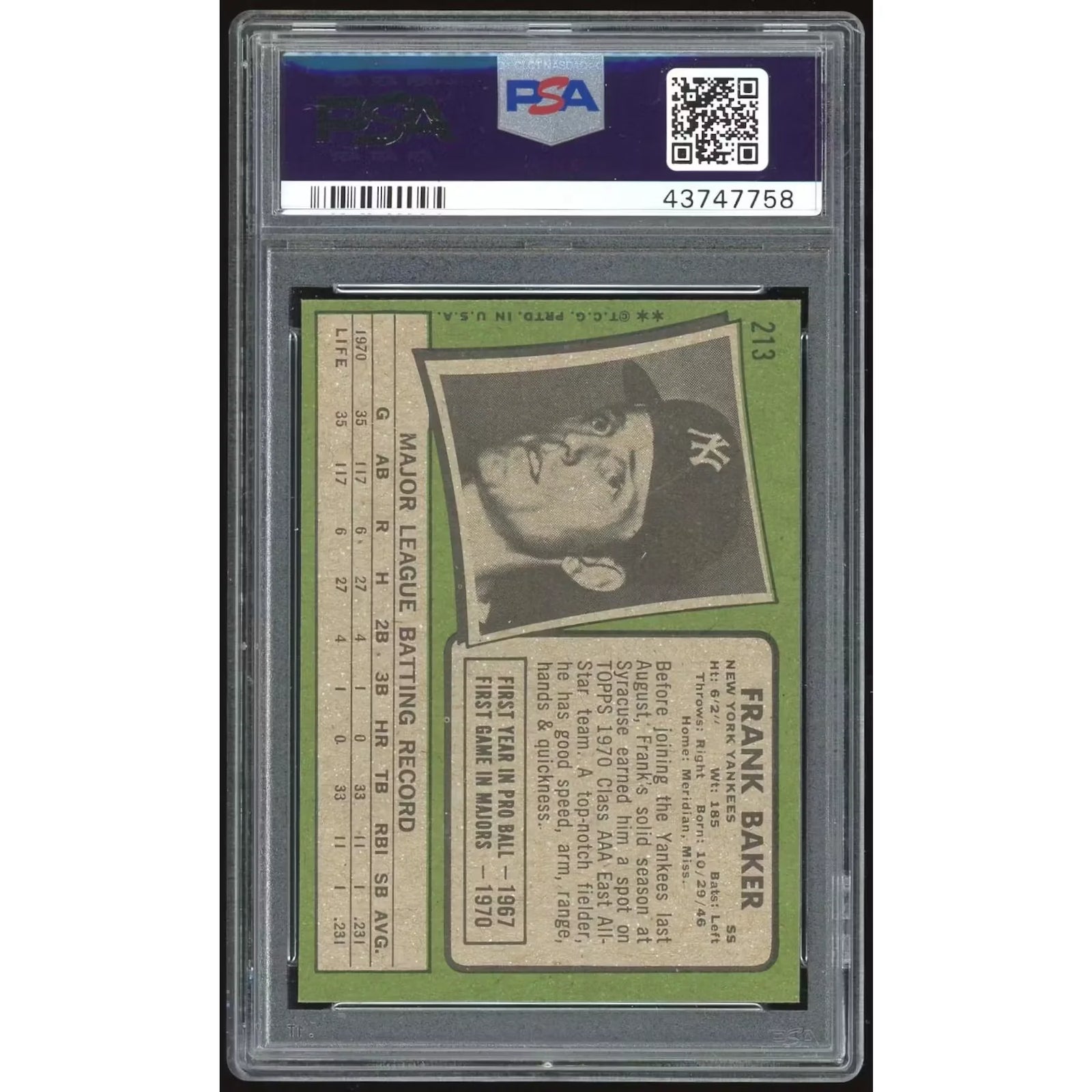 1971 Topps #213 Frank Baker Rookie Card | PSA 9