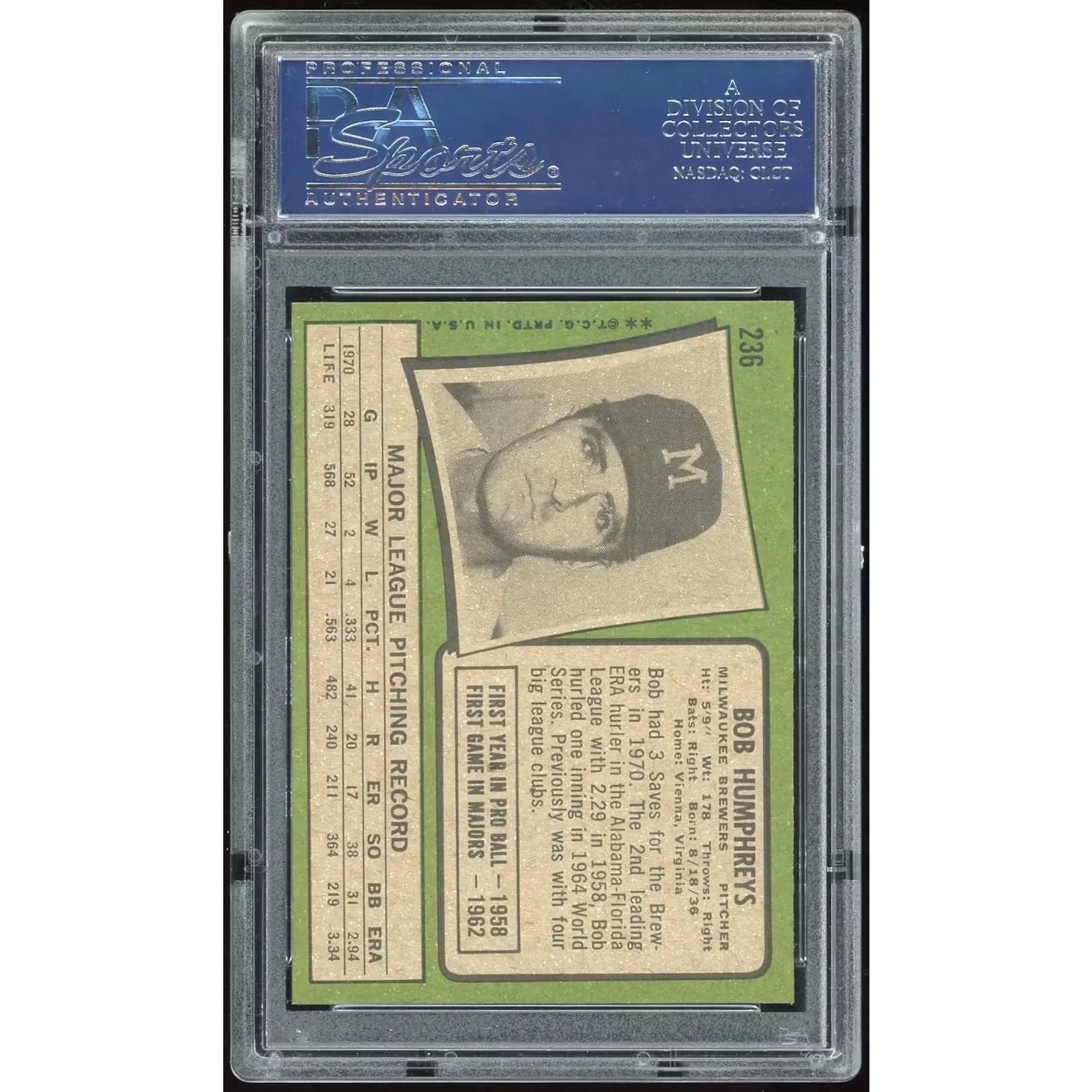 1971 Topps #236 Bob Humphreys Baseball Card | PSA 9