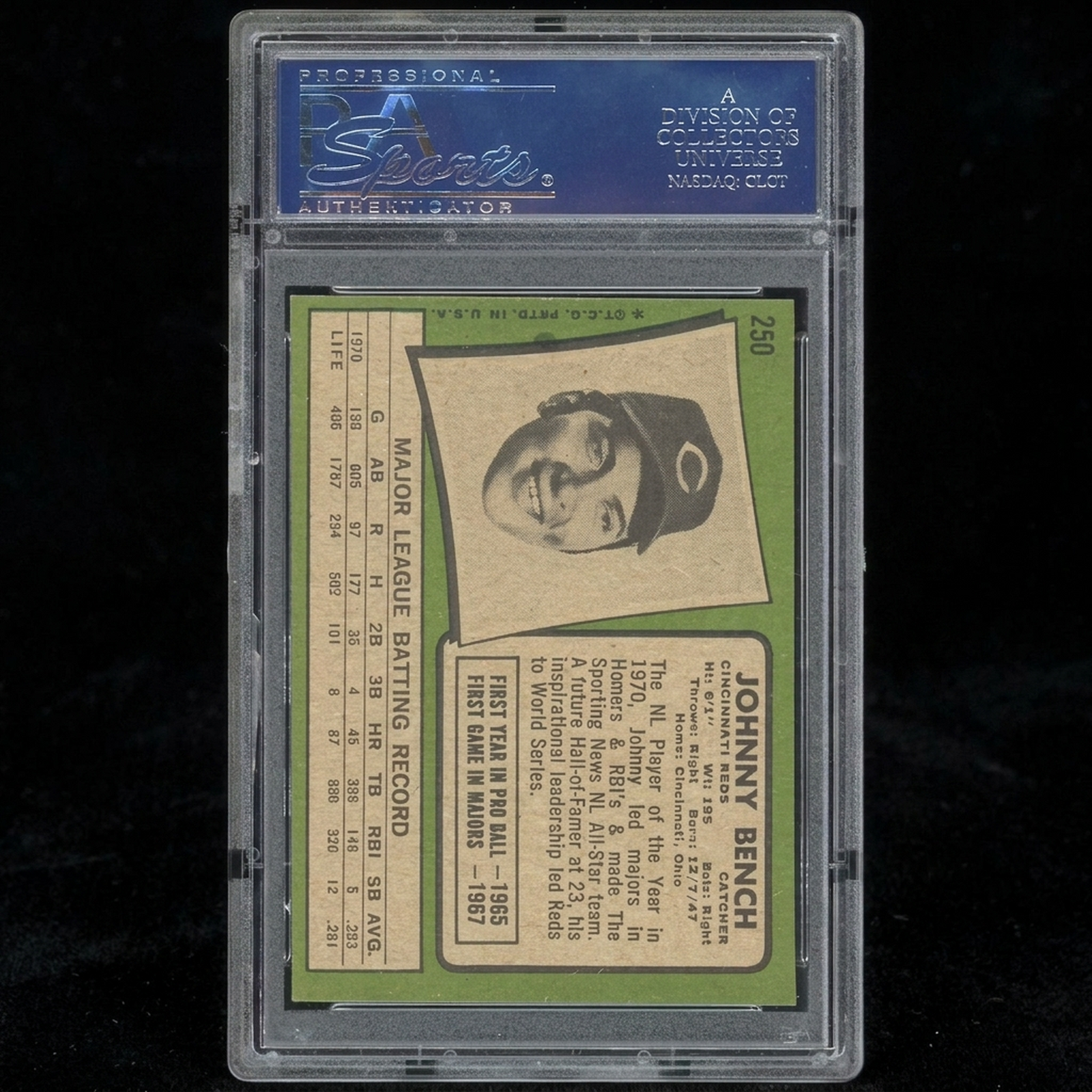 1971 Topps #250 Johnny Bench Baseball Card | PSA 8