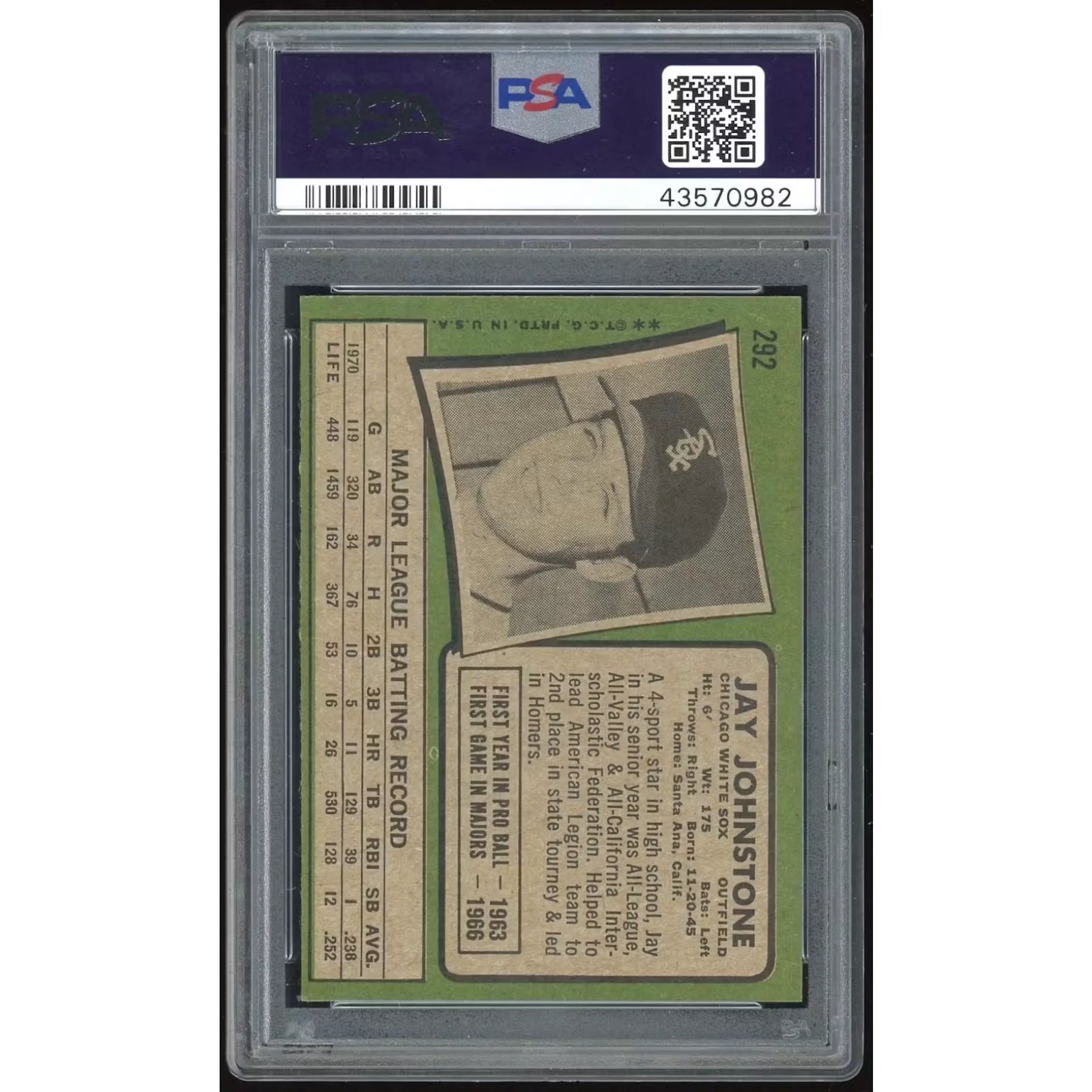 1971 Topps #292 Jay Johnstone Baseball Card | PSA 9