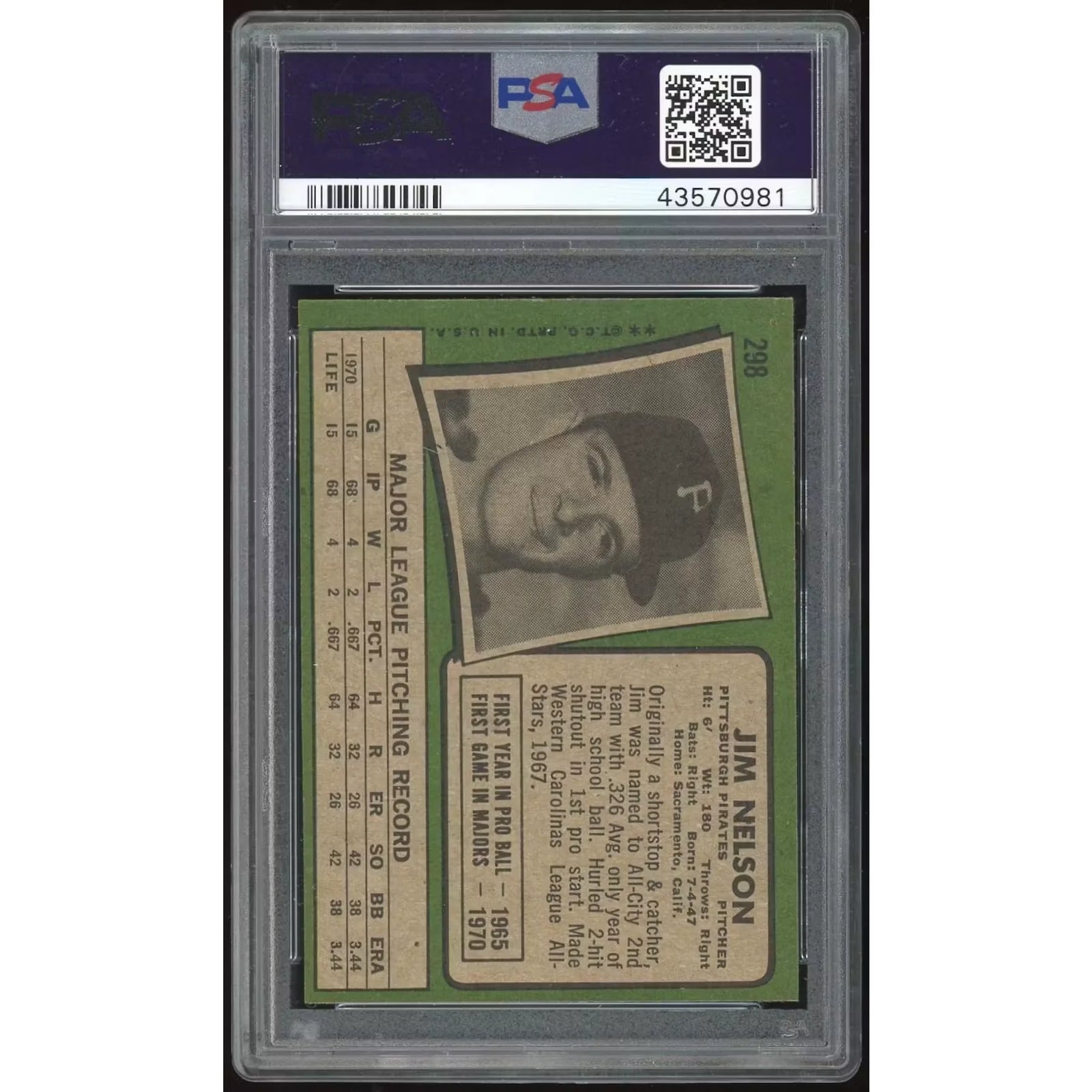 1971 Topps #298 Jim Nelson Rookie Card | PSA 9