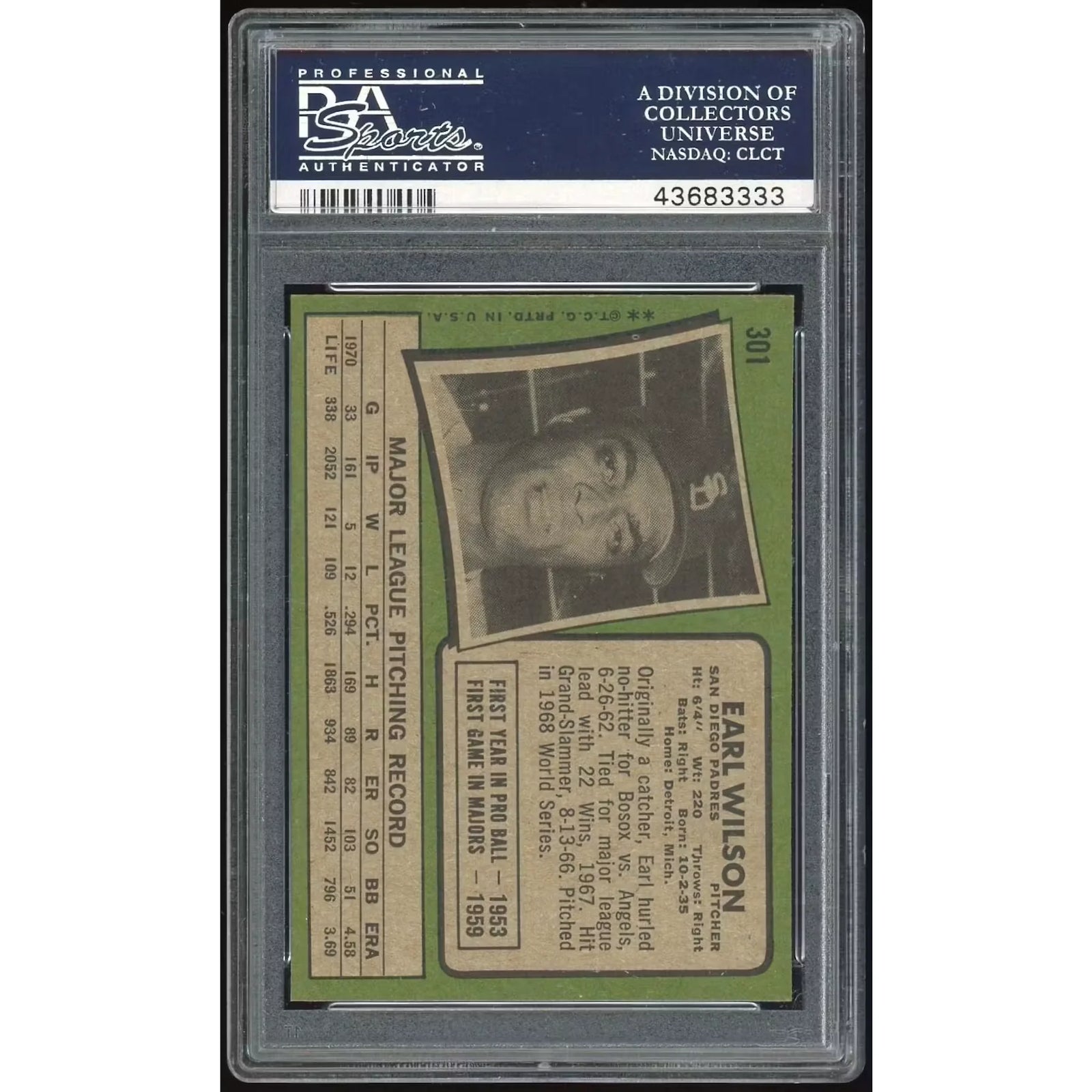 1971 Topps #301 Earl Wilson Baseball Card | PSA 9