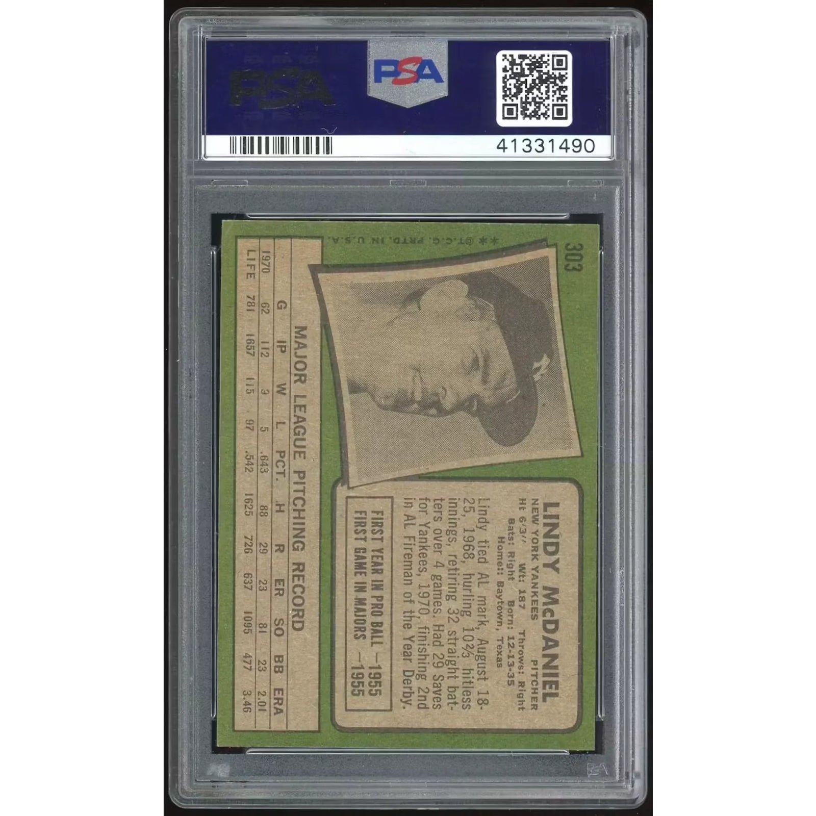 1971 Topps #303 Lindy McDaniel Baseball Card | PSA 9