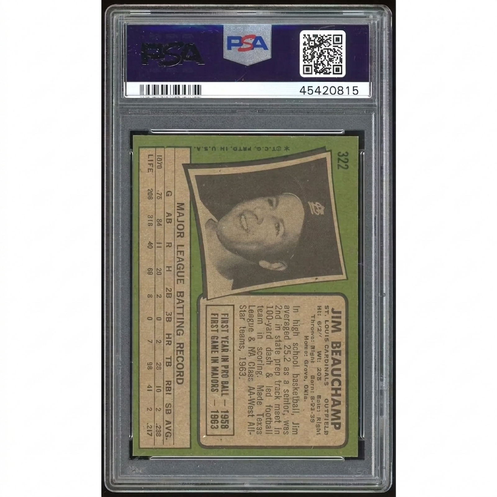 1971 Topps #322 Jim Beauchamp Baseball Card | PSA 9
