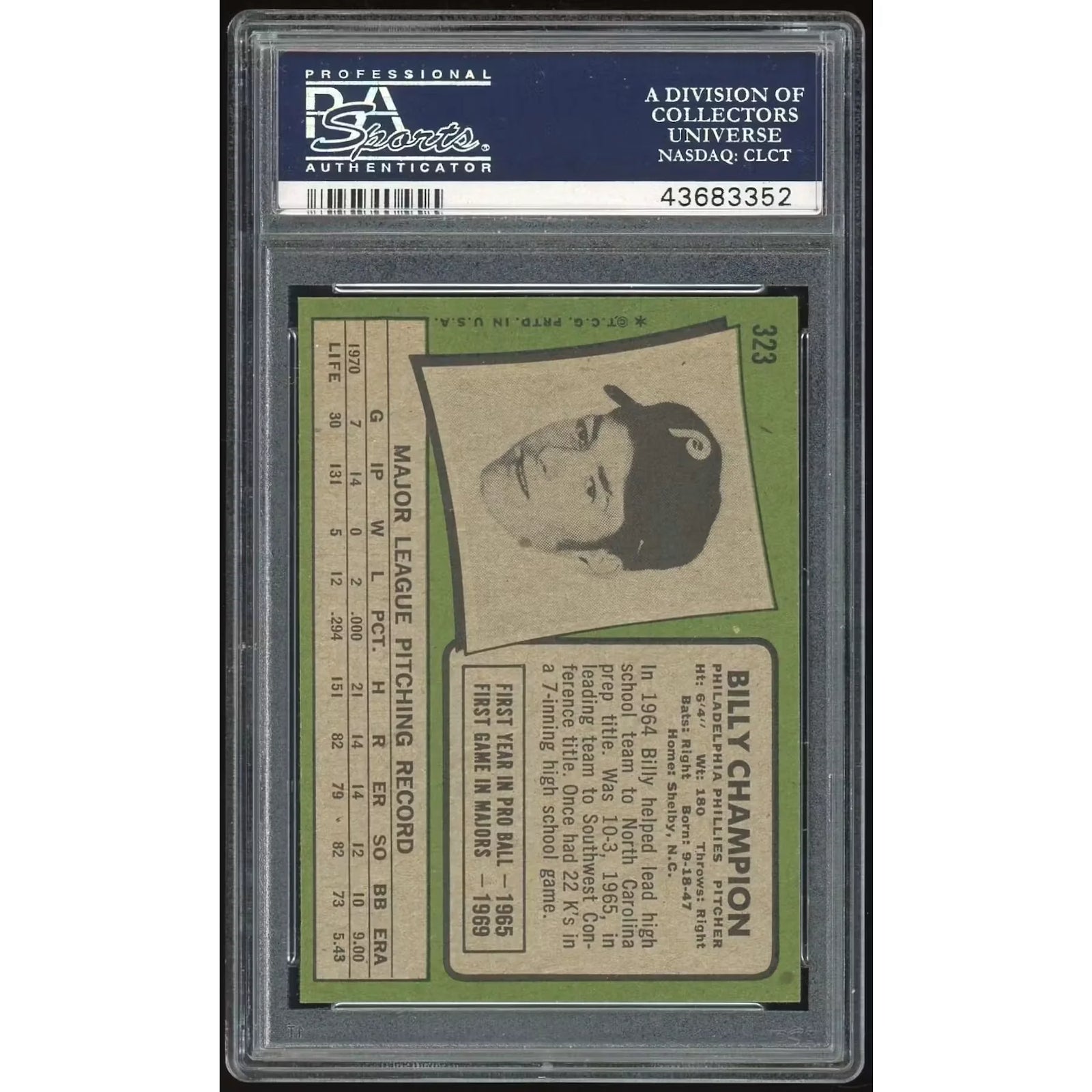 1971 Topps #323 Billy Champion Baseball Card | PSA 9