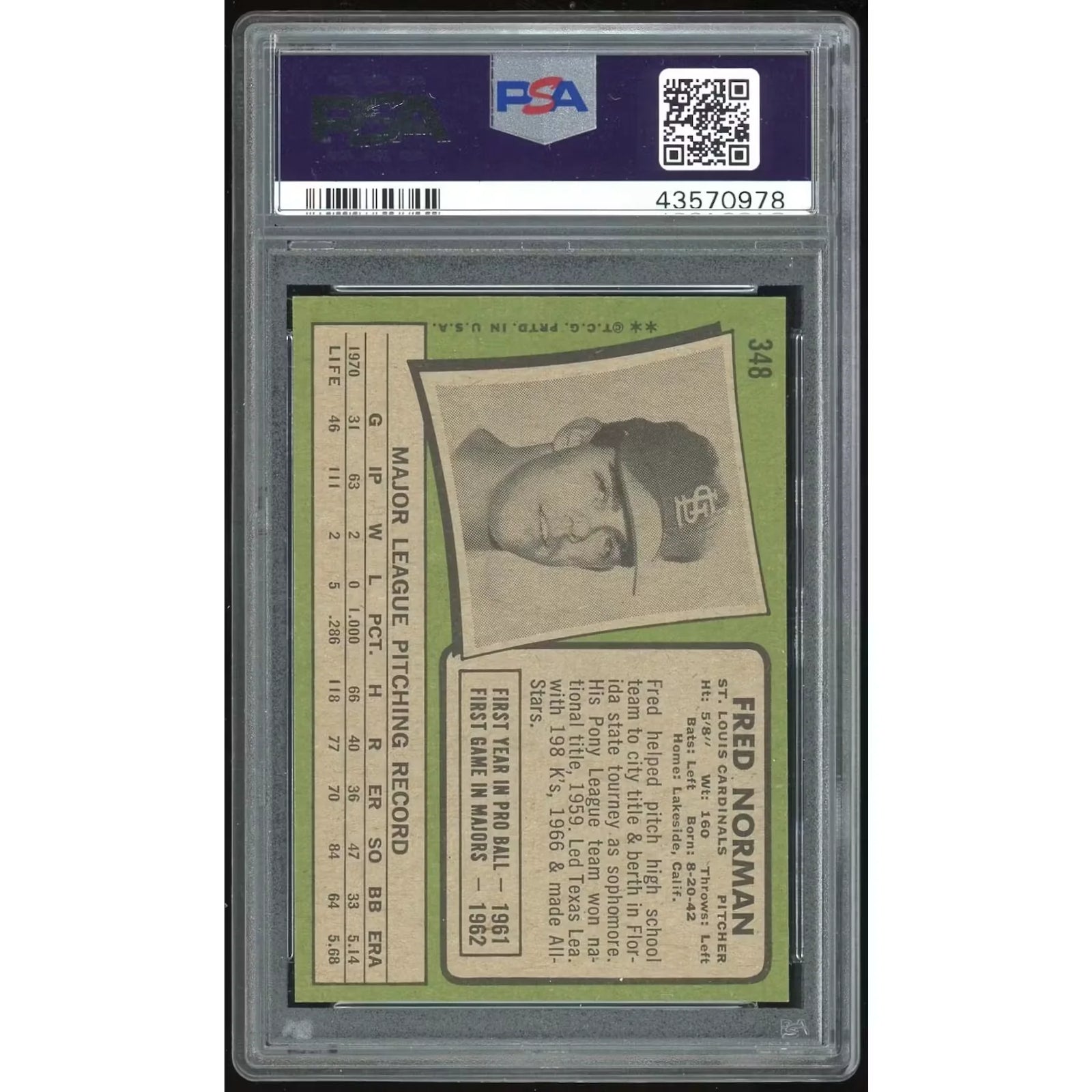 Fred Norman 1971 Topps #348 Baseball Card | PSA 9