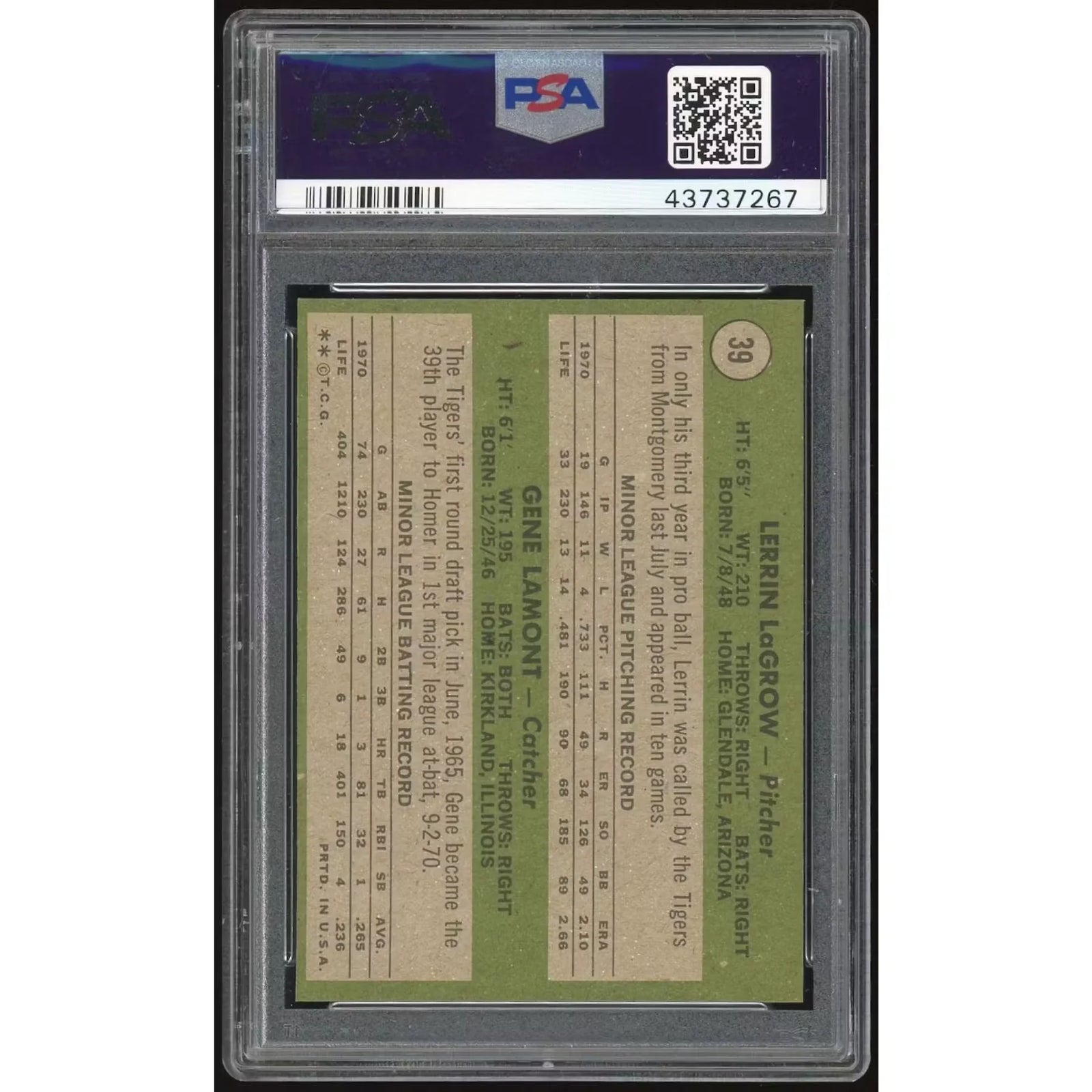 1971 Topps #39 Lerrin LaGrow/Gene Lamont Rookie Card | PSA 9