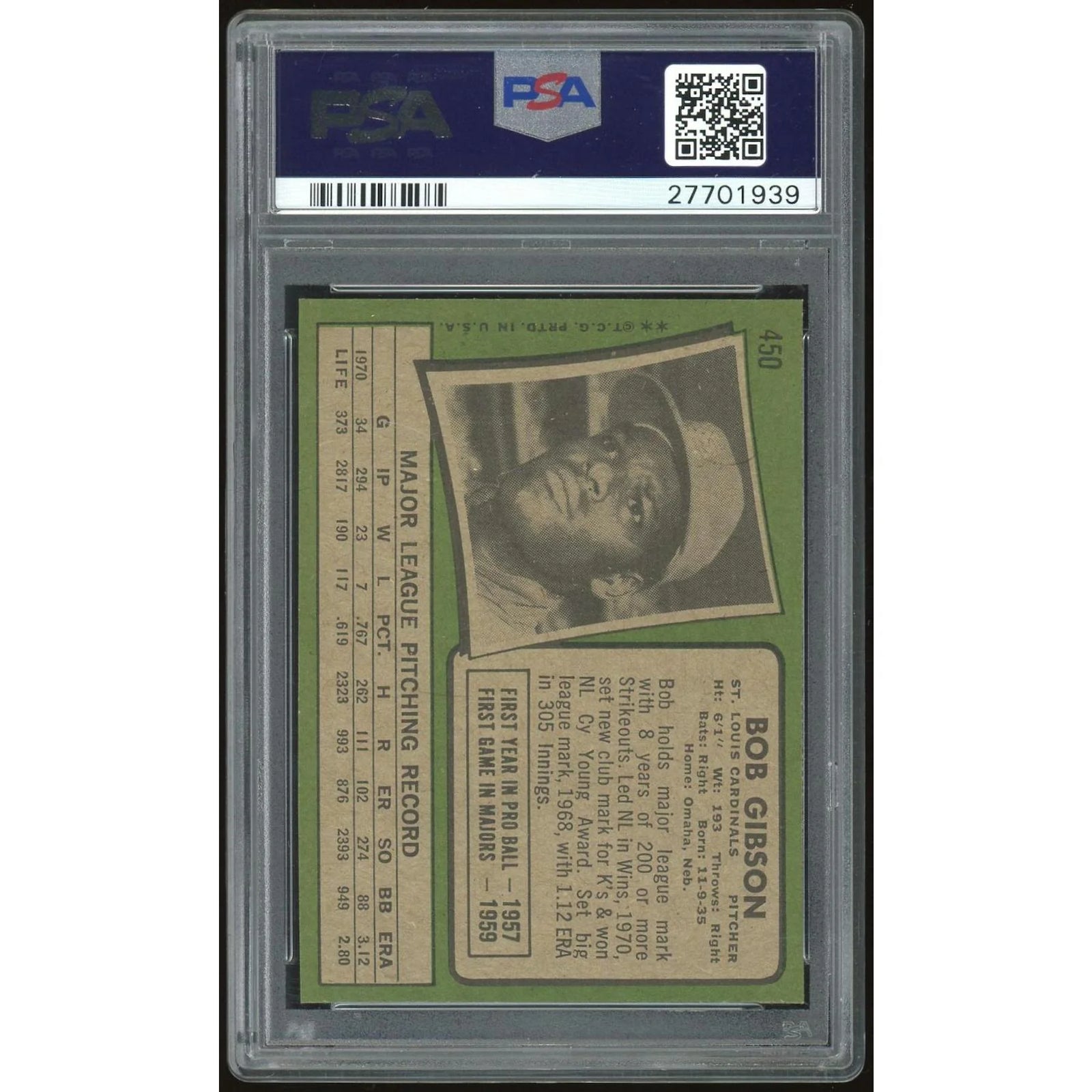 1971 Topps #450 Bob Gibson Card | PSA 9 1939