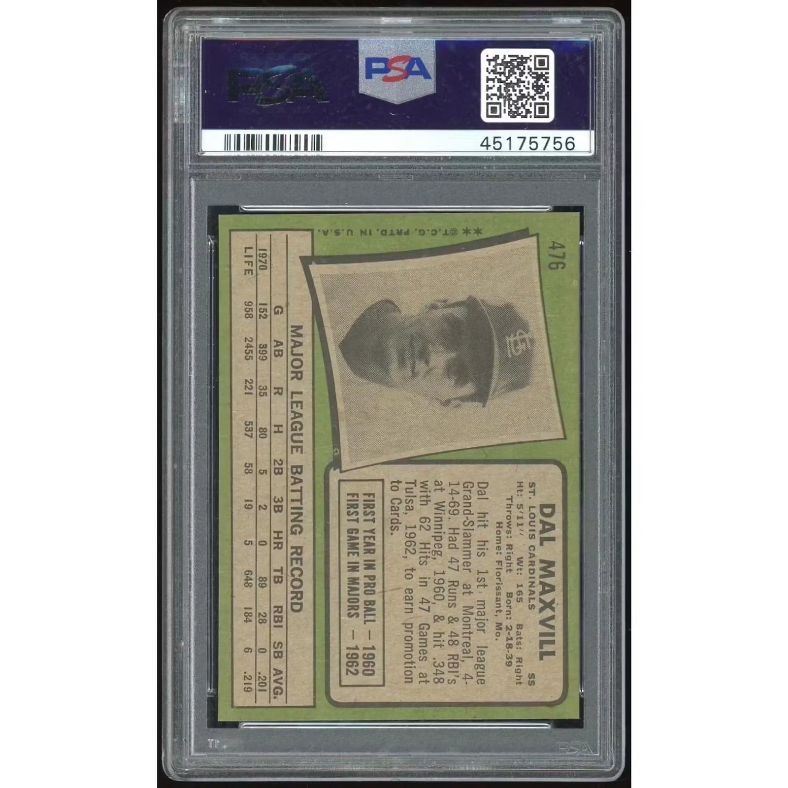 1971 Topps #476 Dal Maxvill Baseball Card | PSA 9