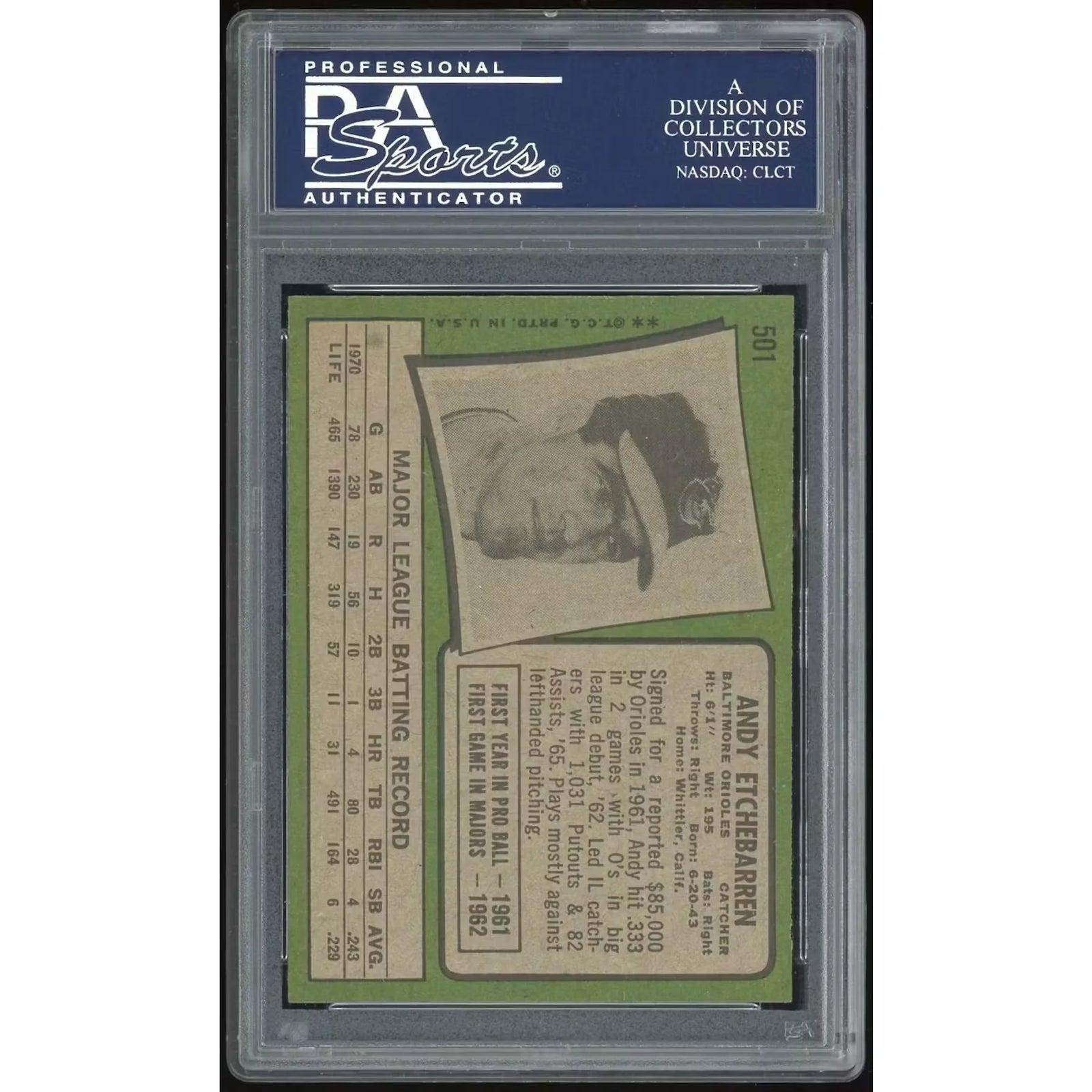 1971 Topps #501 Andy Etchebarren Baseball Card | PSA 9
