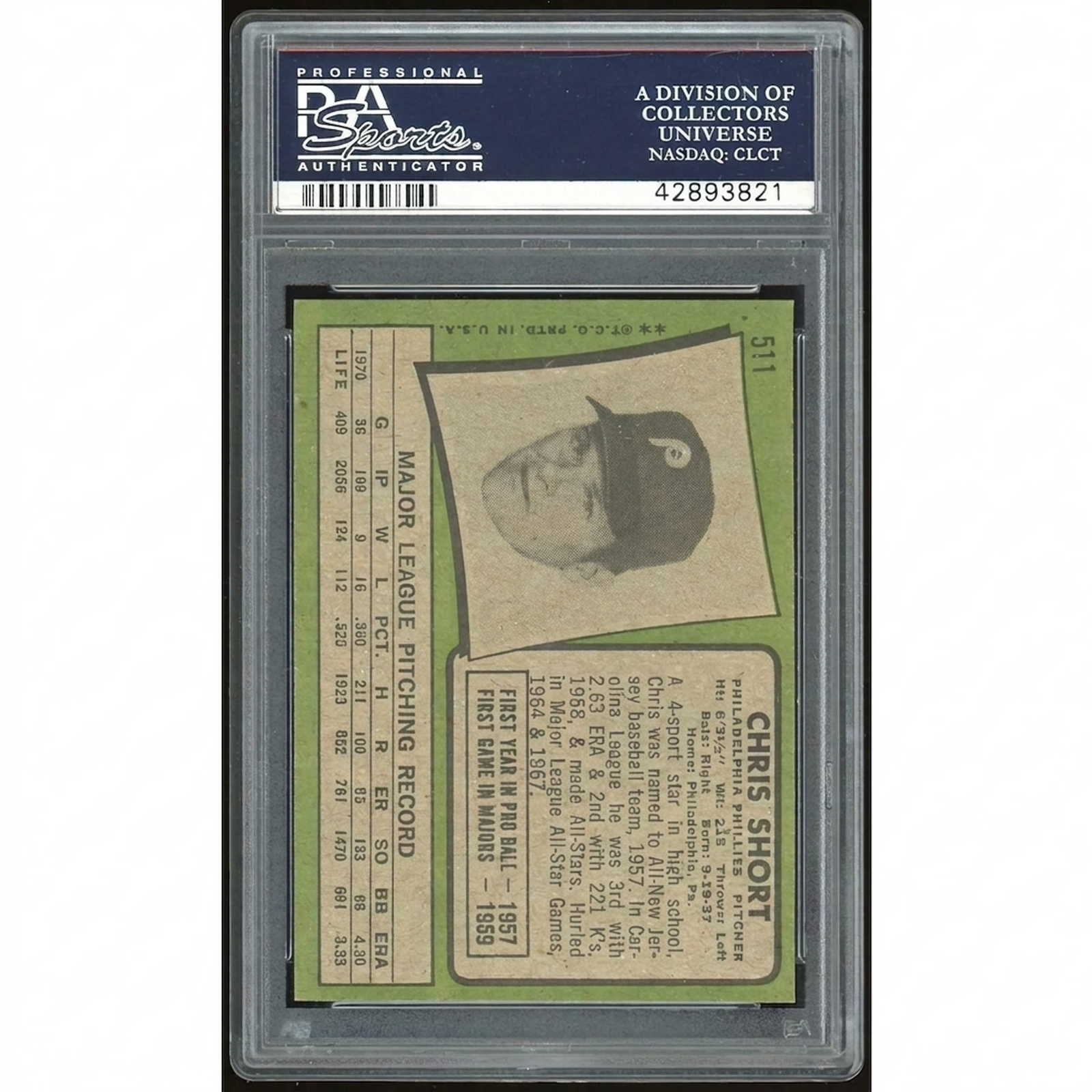 Chris Short 1971 Topps #511 Baseball Card | PSA 9