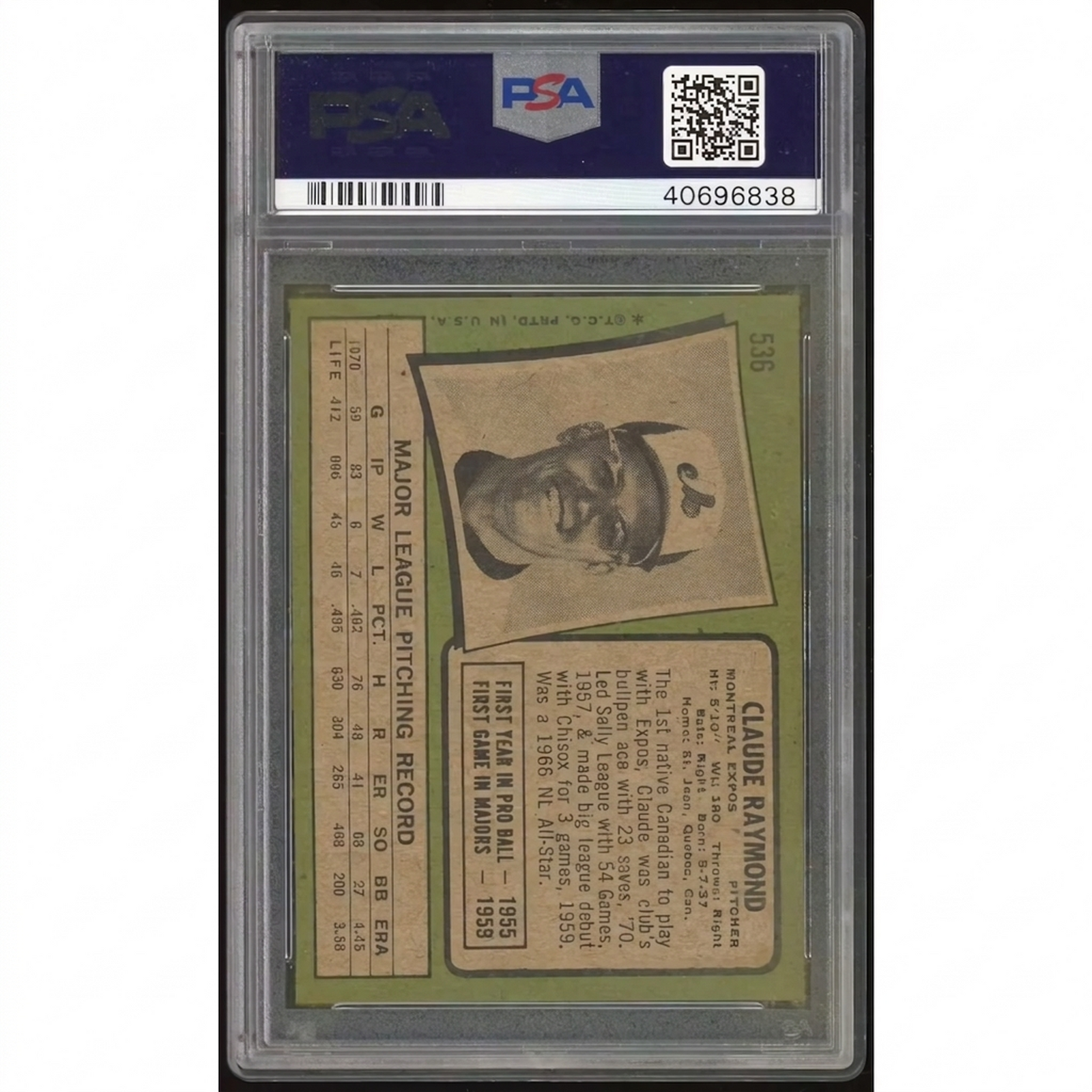 1971 Topps #536 Claude Raymond Baseball Card | PSA 8