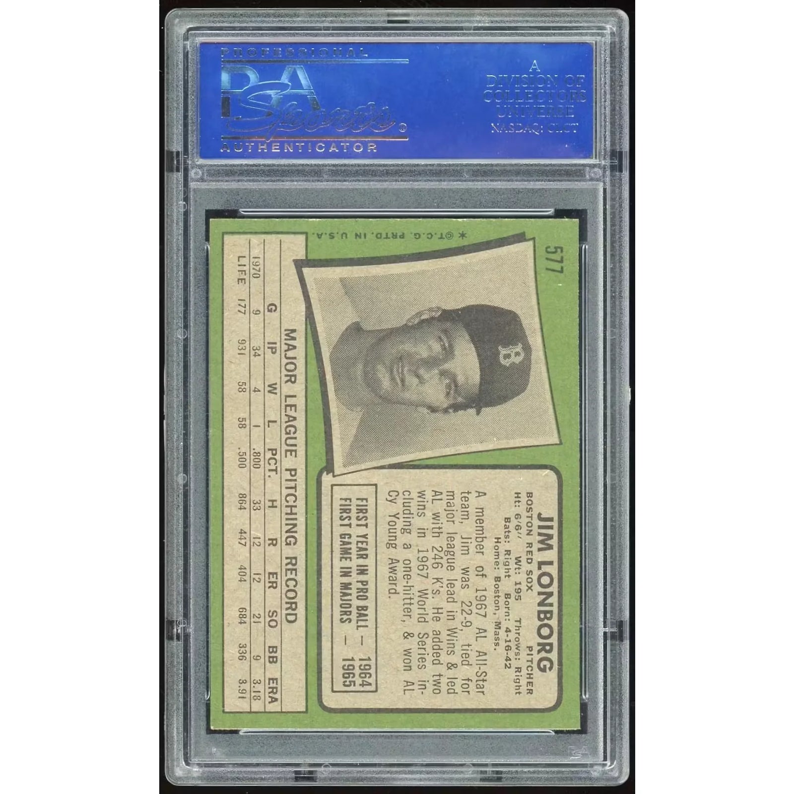 Jim Lonborg 1971 Topps #577 Baseball Card | PSA 8