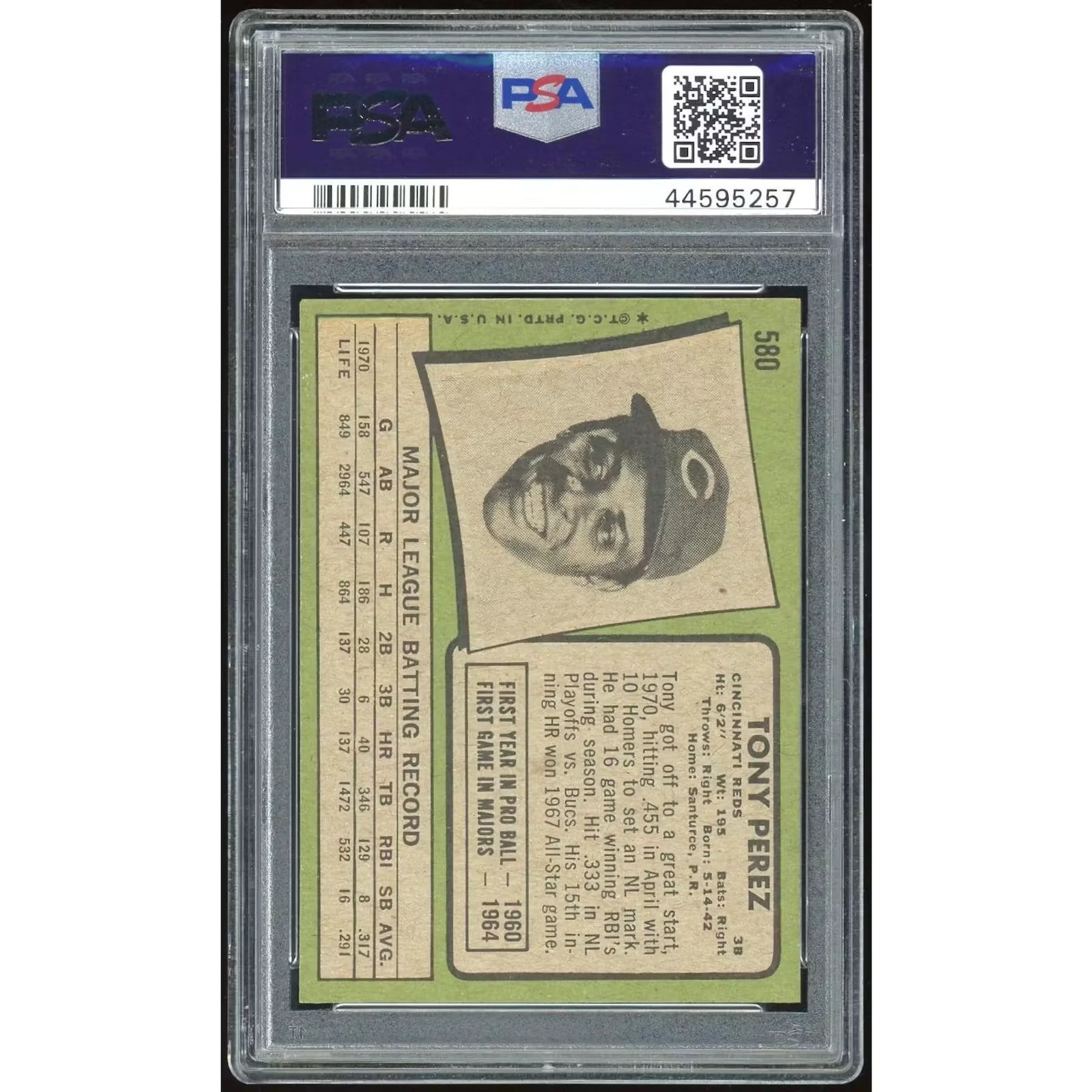 Tony Perez 1971 Topps #580 Baseball Card | PSA 9