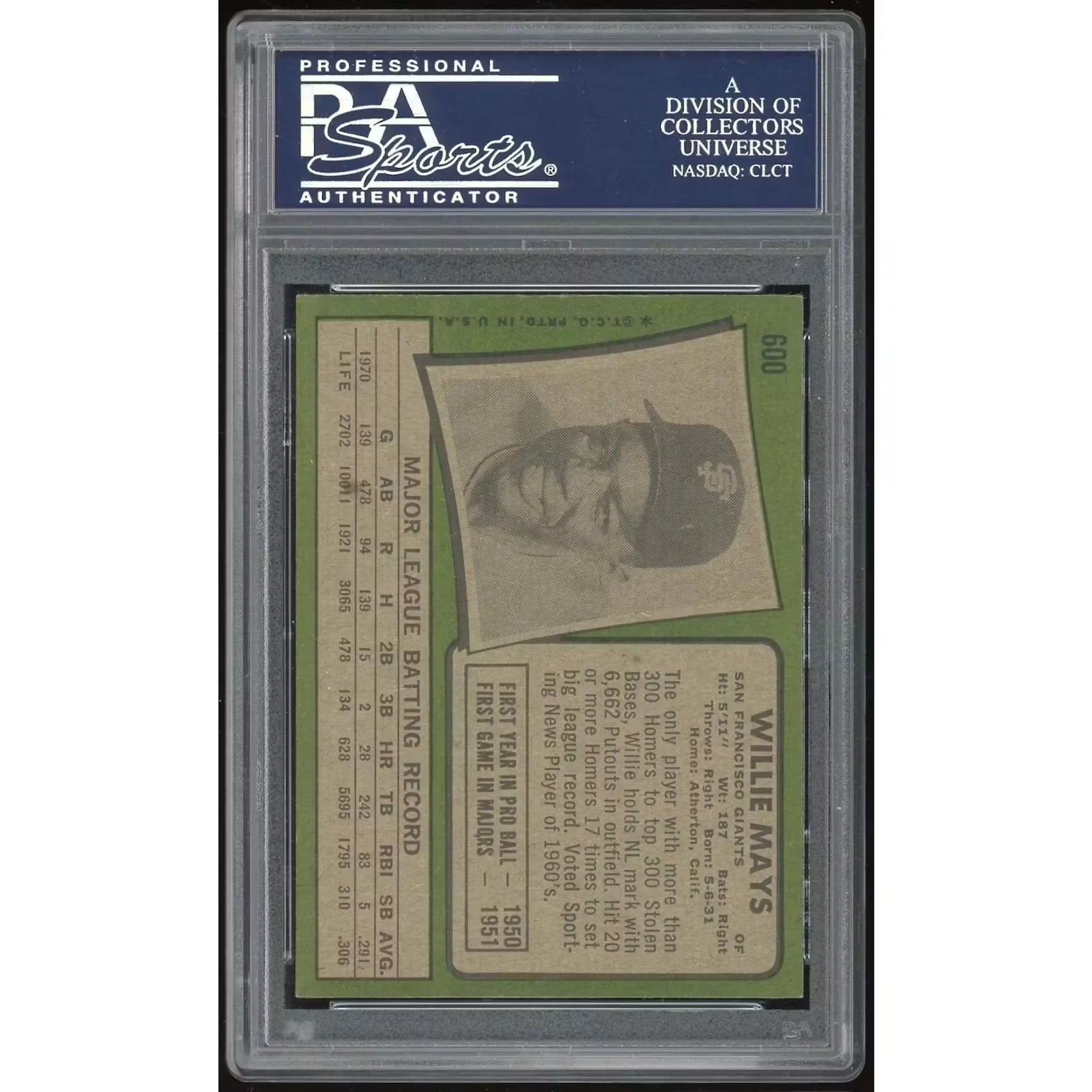 Willie Mays 1971 Topps #600 Baseball Card | PSA 8