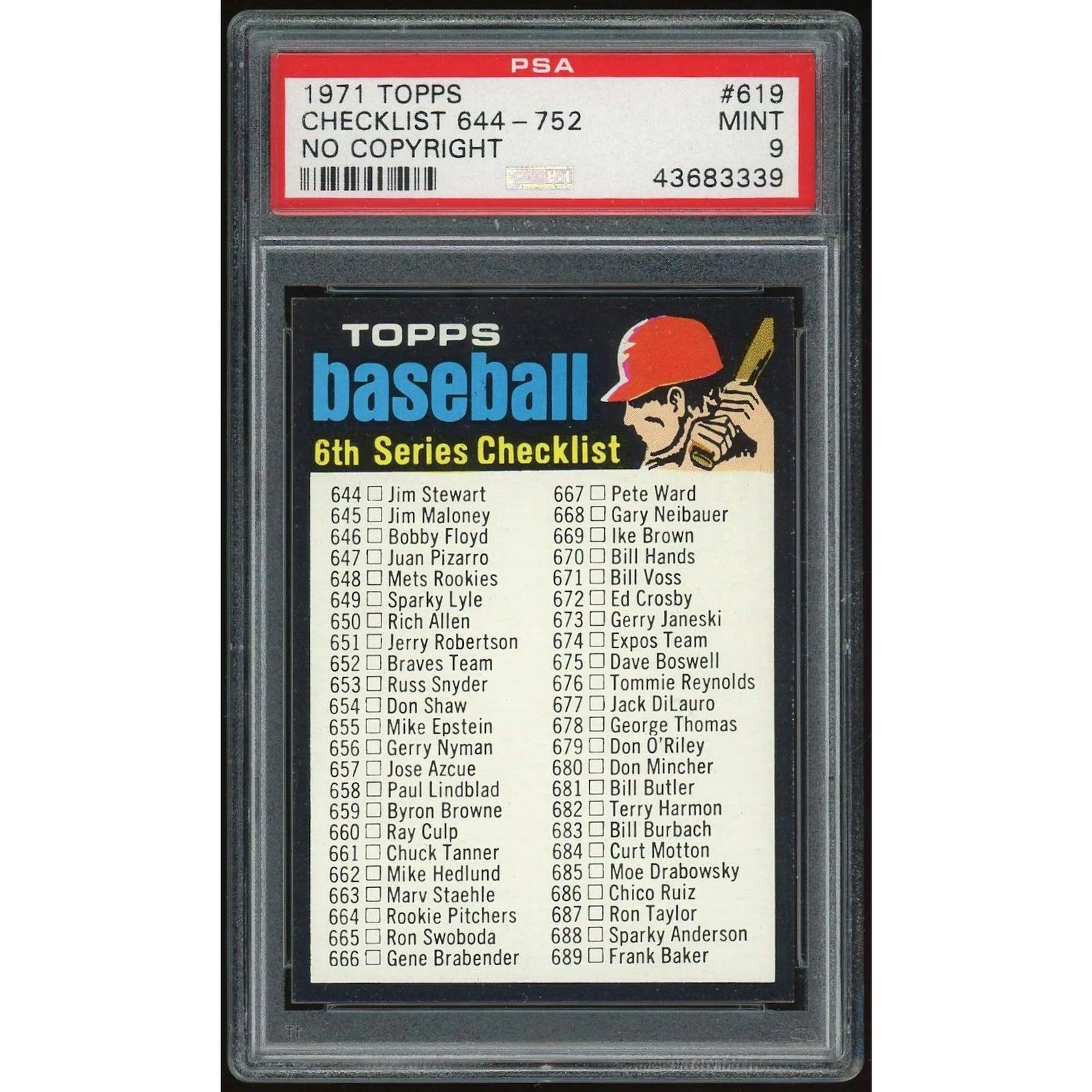 1971 Topps #619 Checklist 644-752 | PSA 9 No Copyright