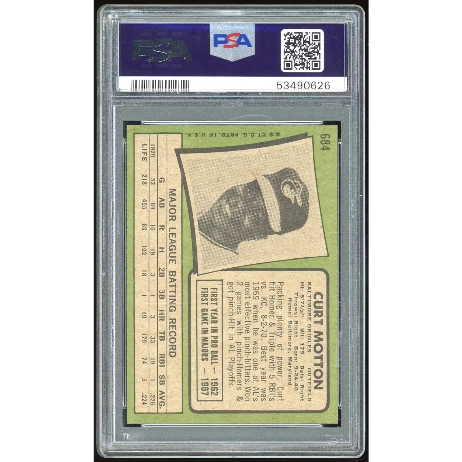 1971 Topps #684 Curt Motton PSA 9 Baseball Card