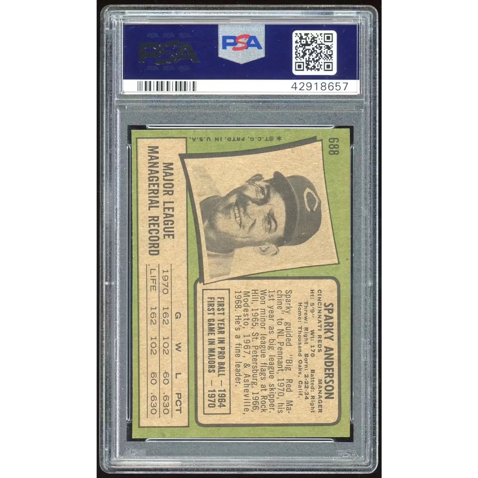 1971 Topps #688 Sparky Anderson Baseball Card | PSA 9