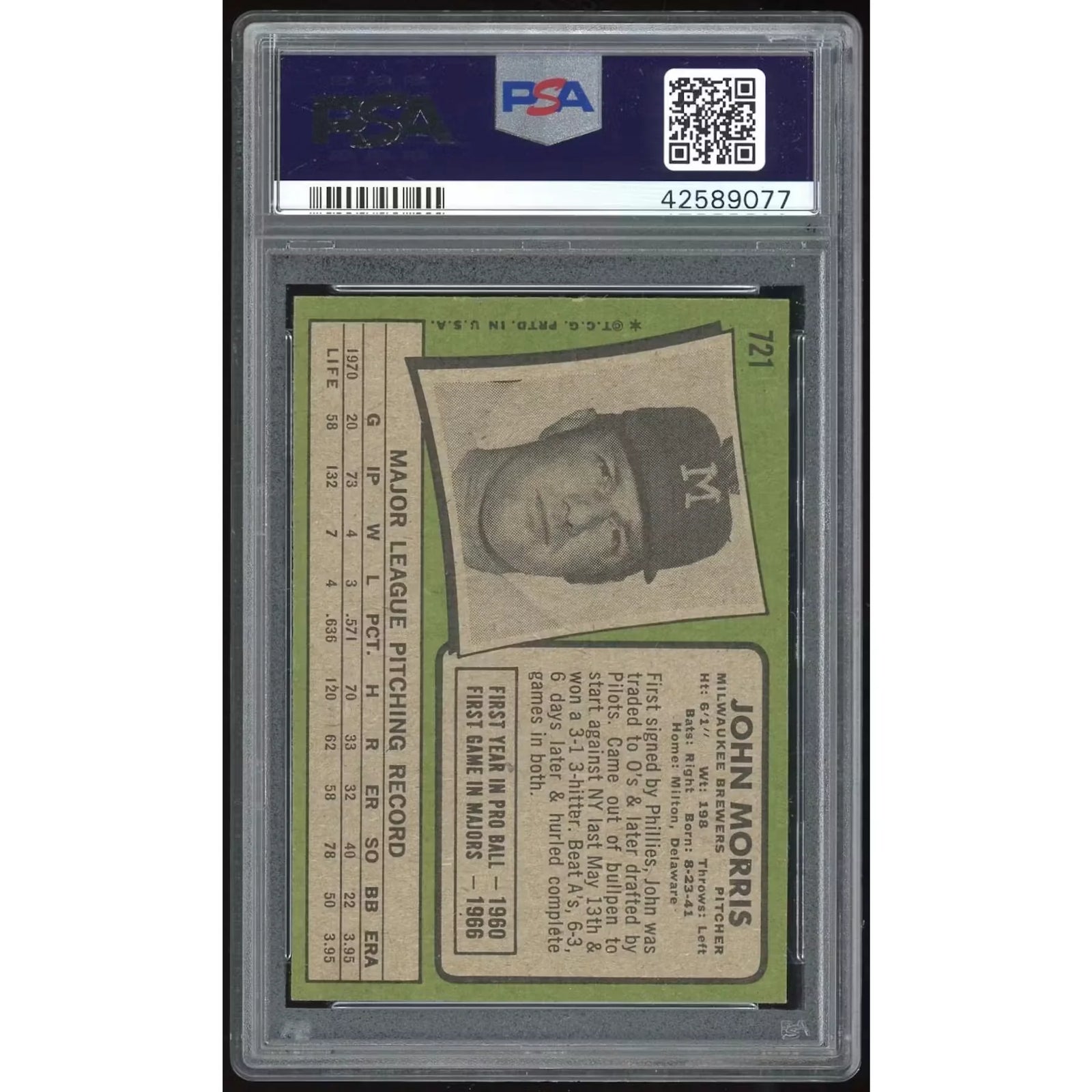 1971 Topps #721 John Morris Baseball Card | PSA 9