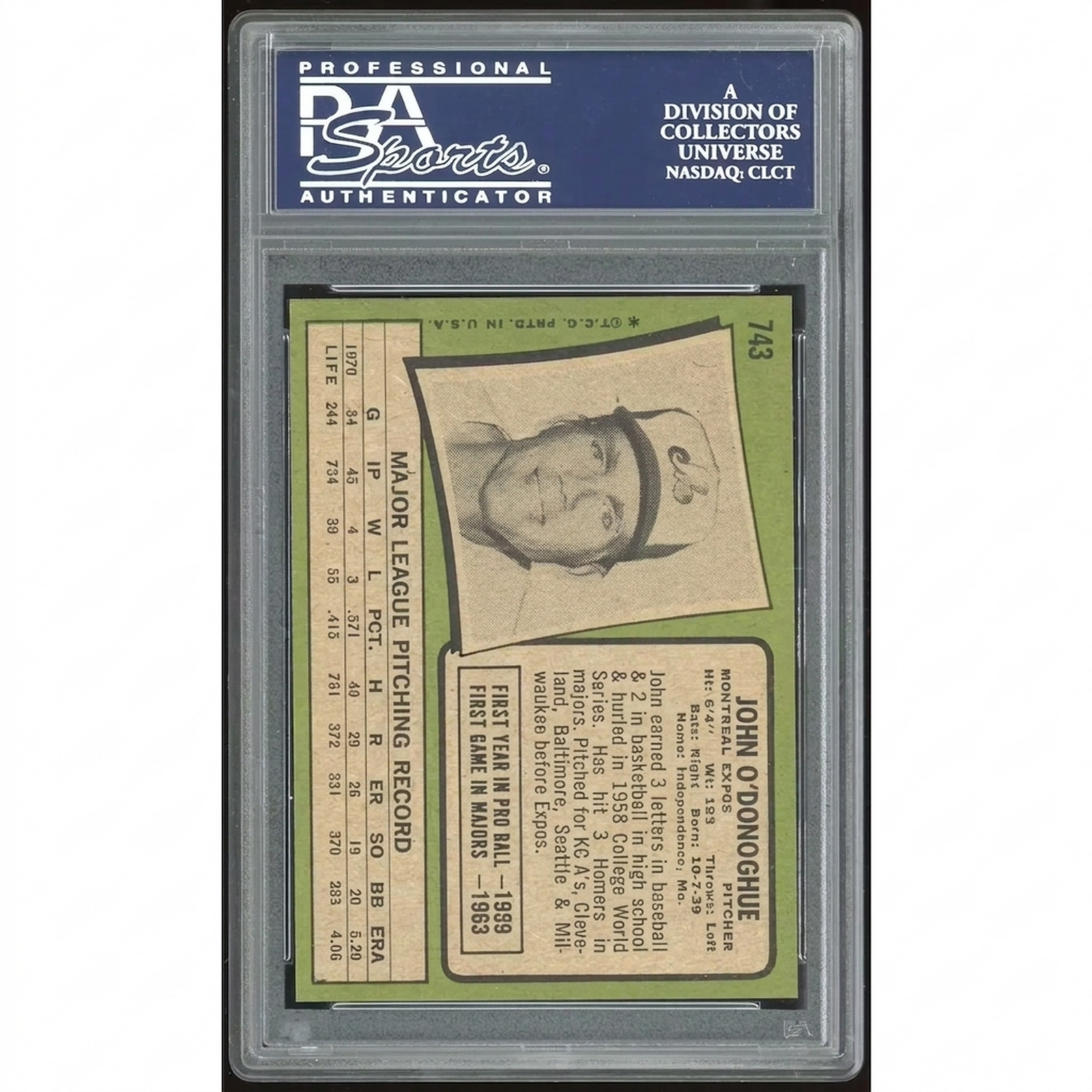 1971 Topps #743 John O'Donoghue Baseball Card | PSA 8.5