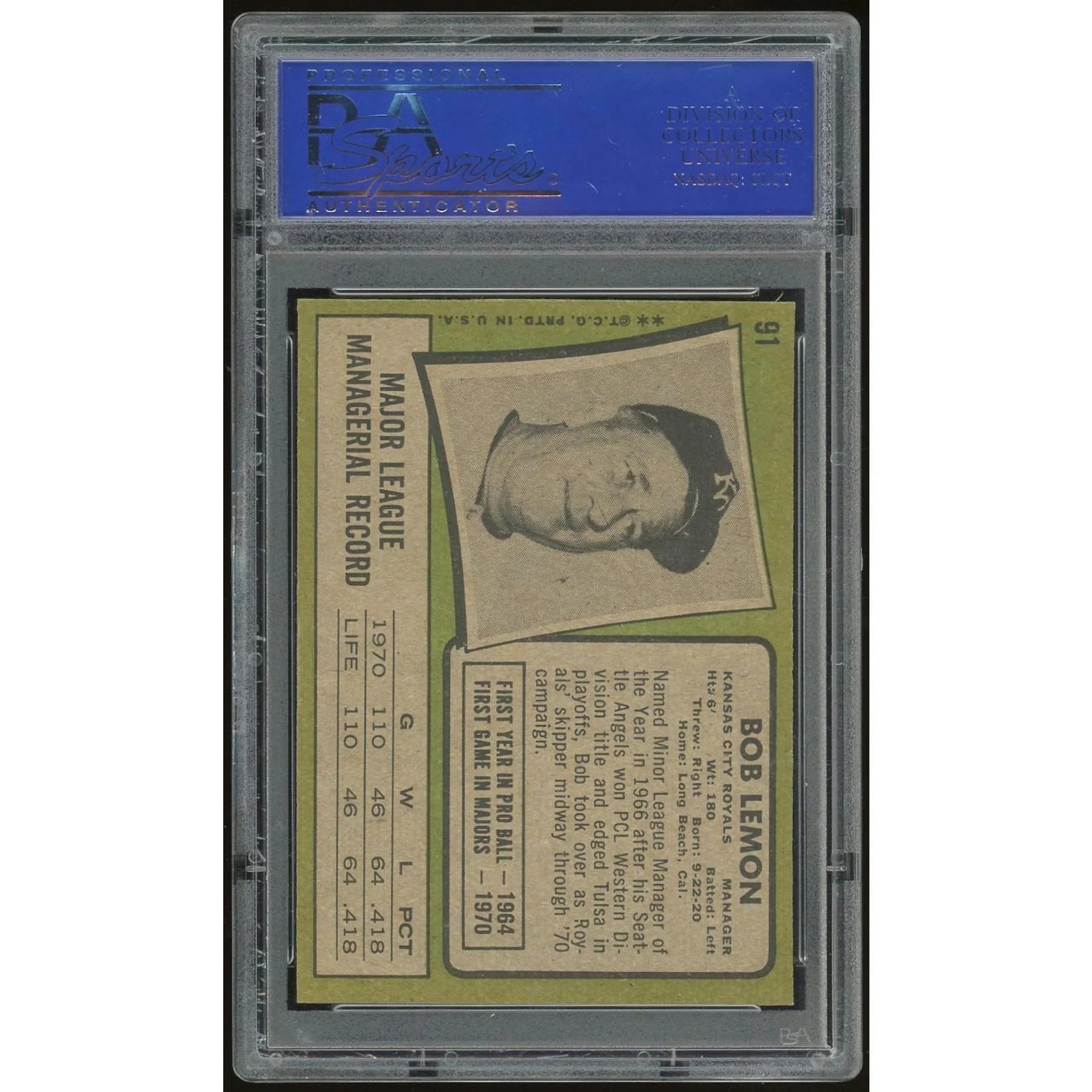 Bob Lemon 1971 Topps #91 Baseball Card | PSA 9