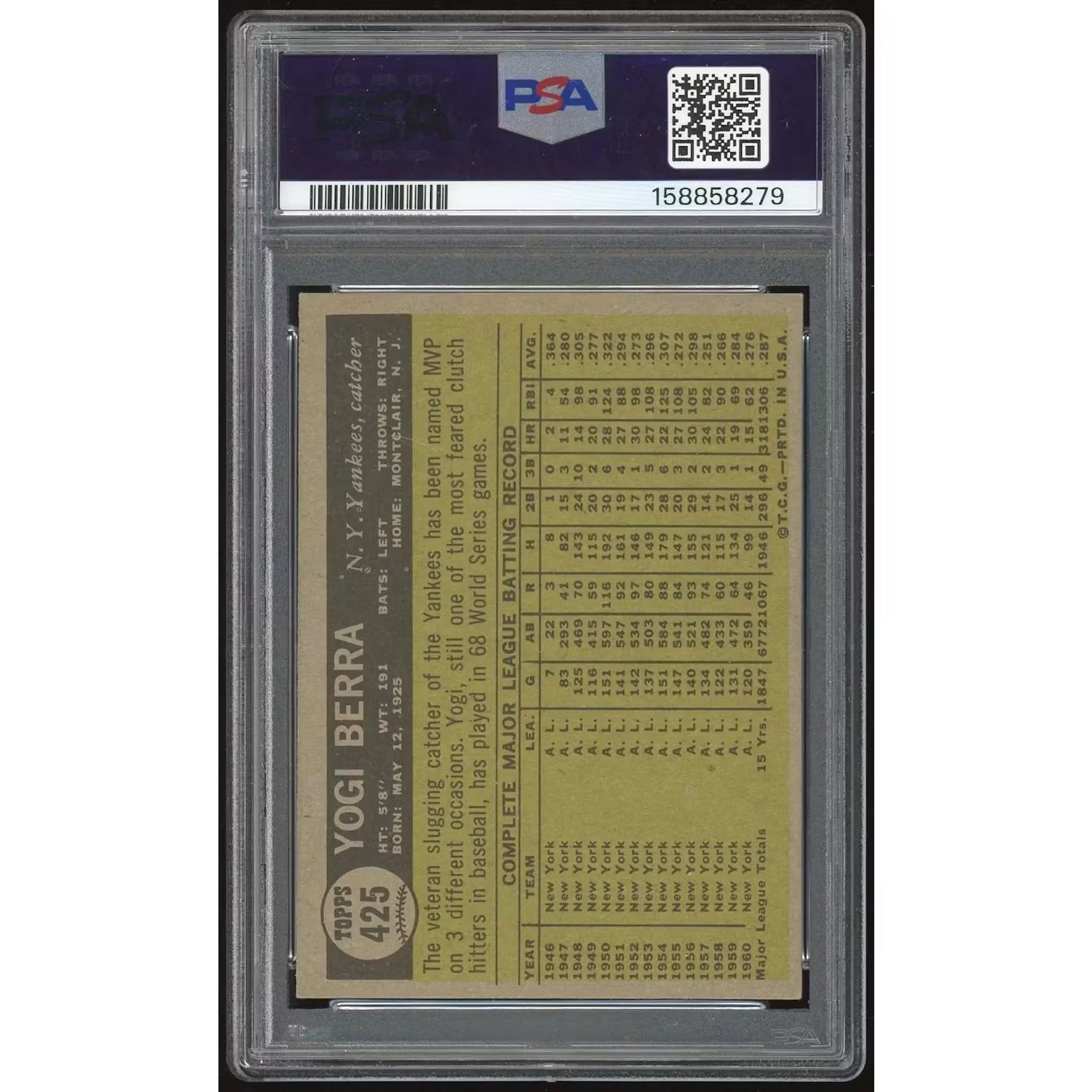 1961 Topps #425 Yogi Berra Baseball Card | PSA 6