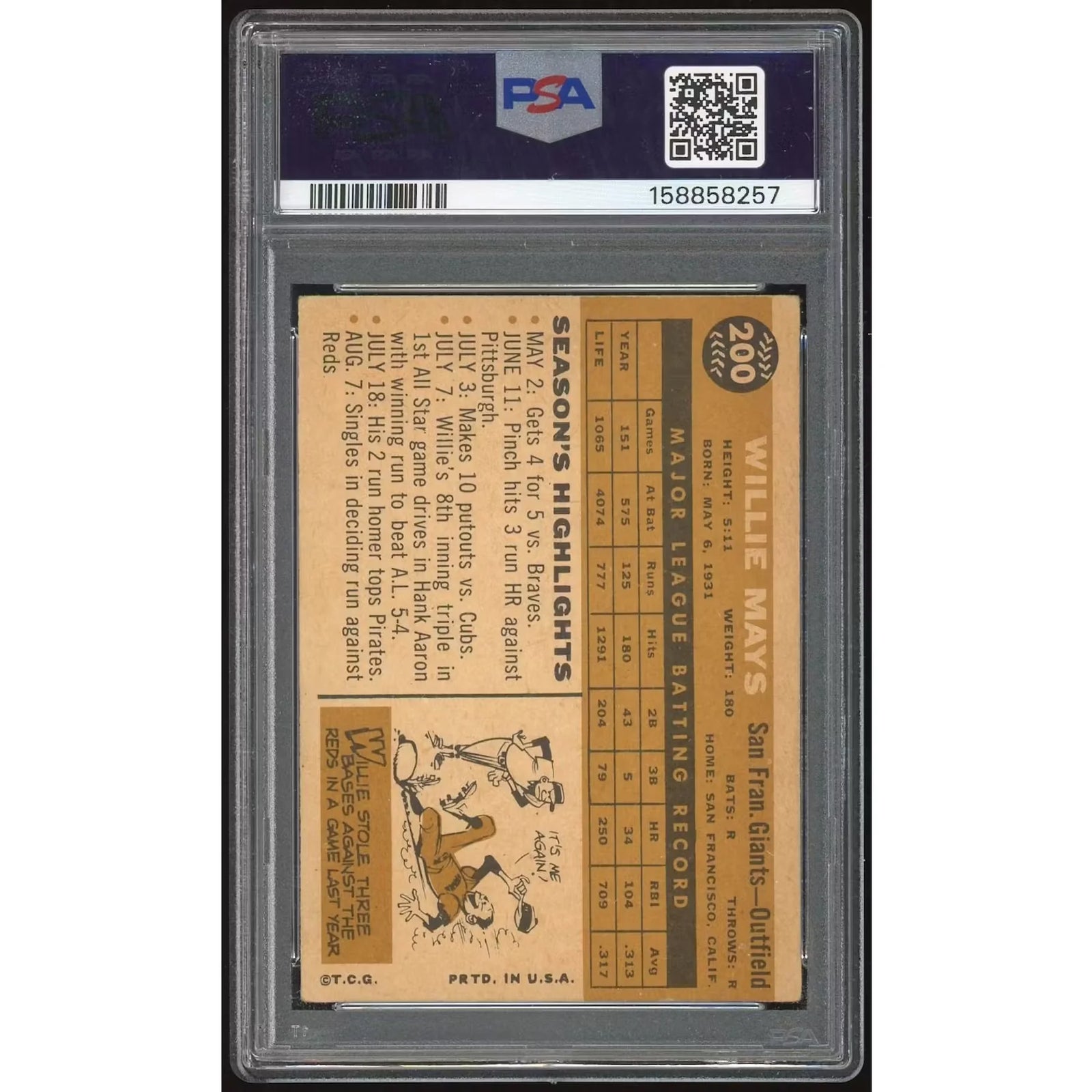 Willie Mays 1960 Topps #200 Baseball Card | PSA 3