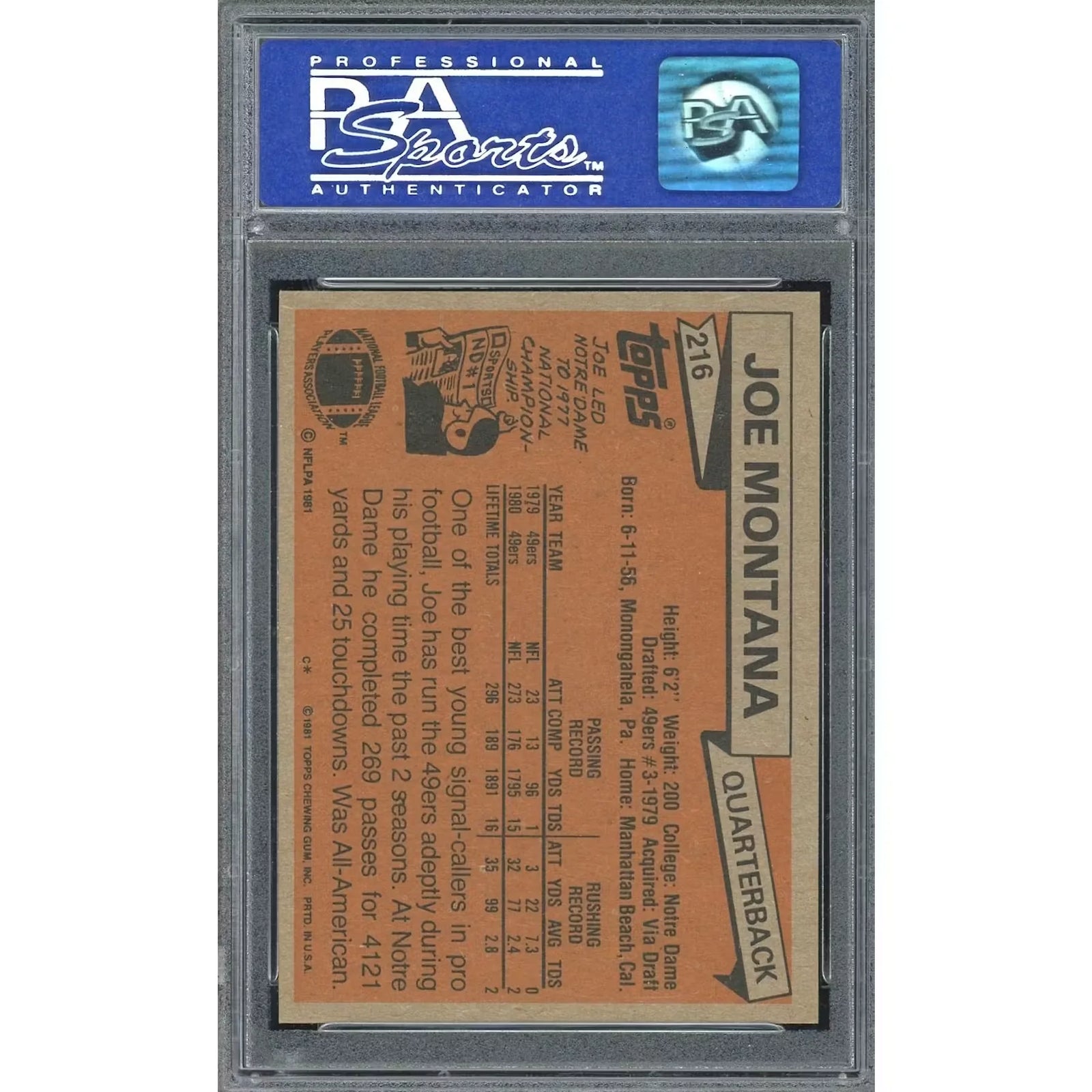 Joe Montana 1981 Topps #216 Rookie Card | PSA 8 OC