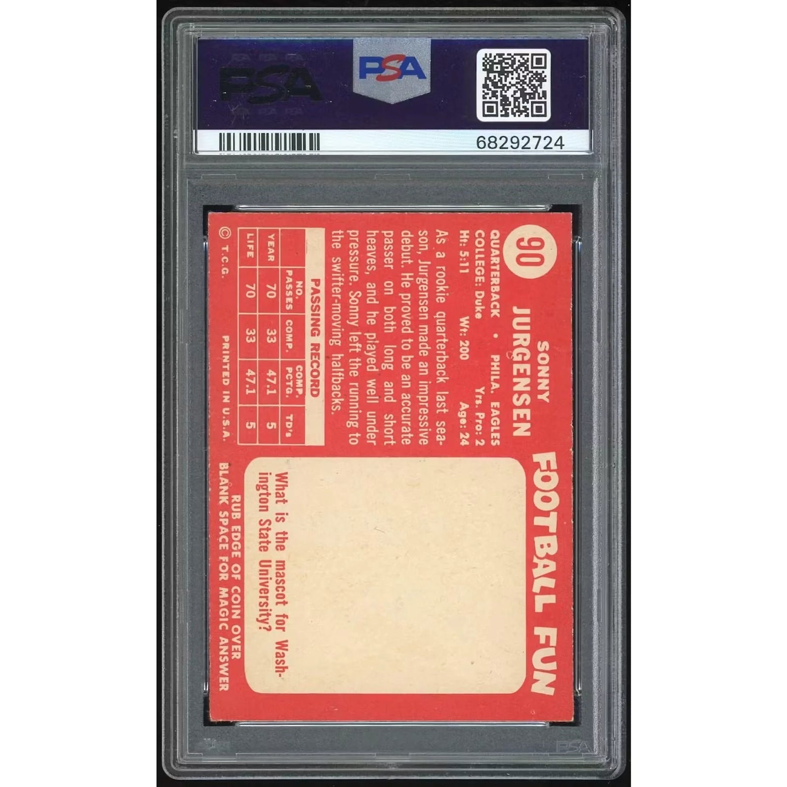 1958 Topps #90 Sonny Jurgensen Rookie Card | PSA 7
