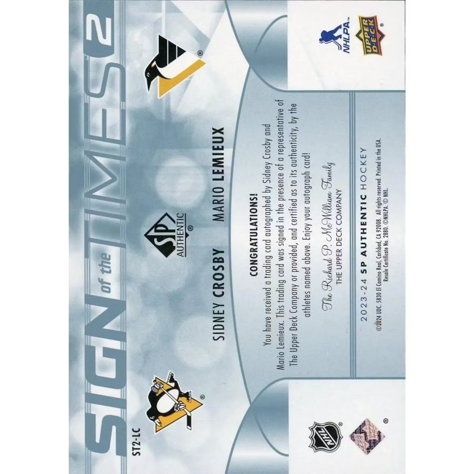Sidney Crosby and Mario Lemieux Signed Card | 2023-24 SP Authentic Dual Auto/25