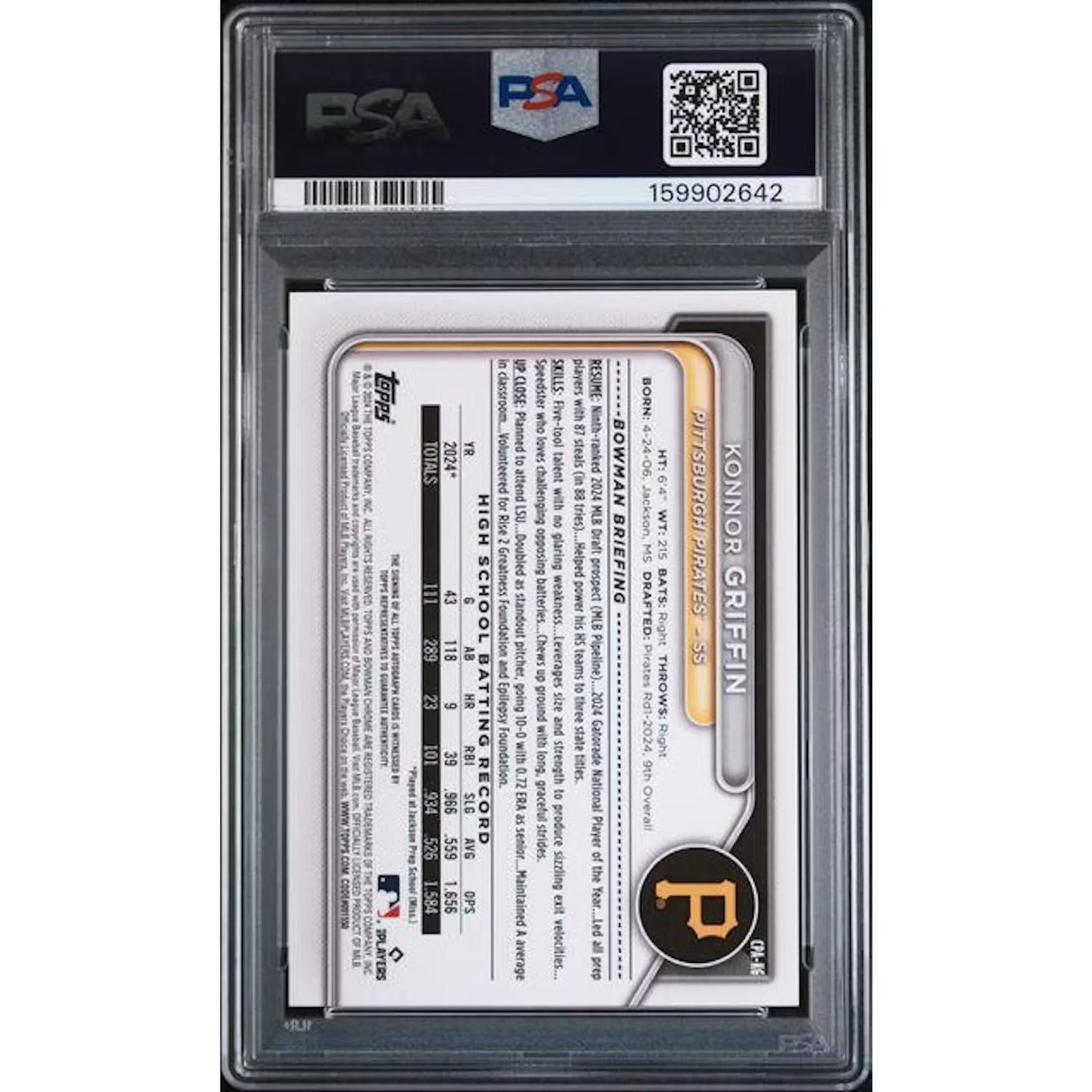 Konnor Griffin 2024 Bowman Draft Prospect Auto Sparkle Refractor | PSA 9