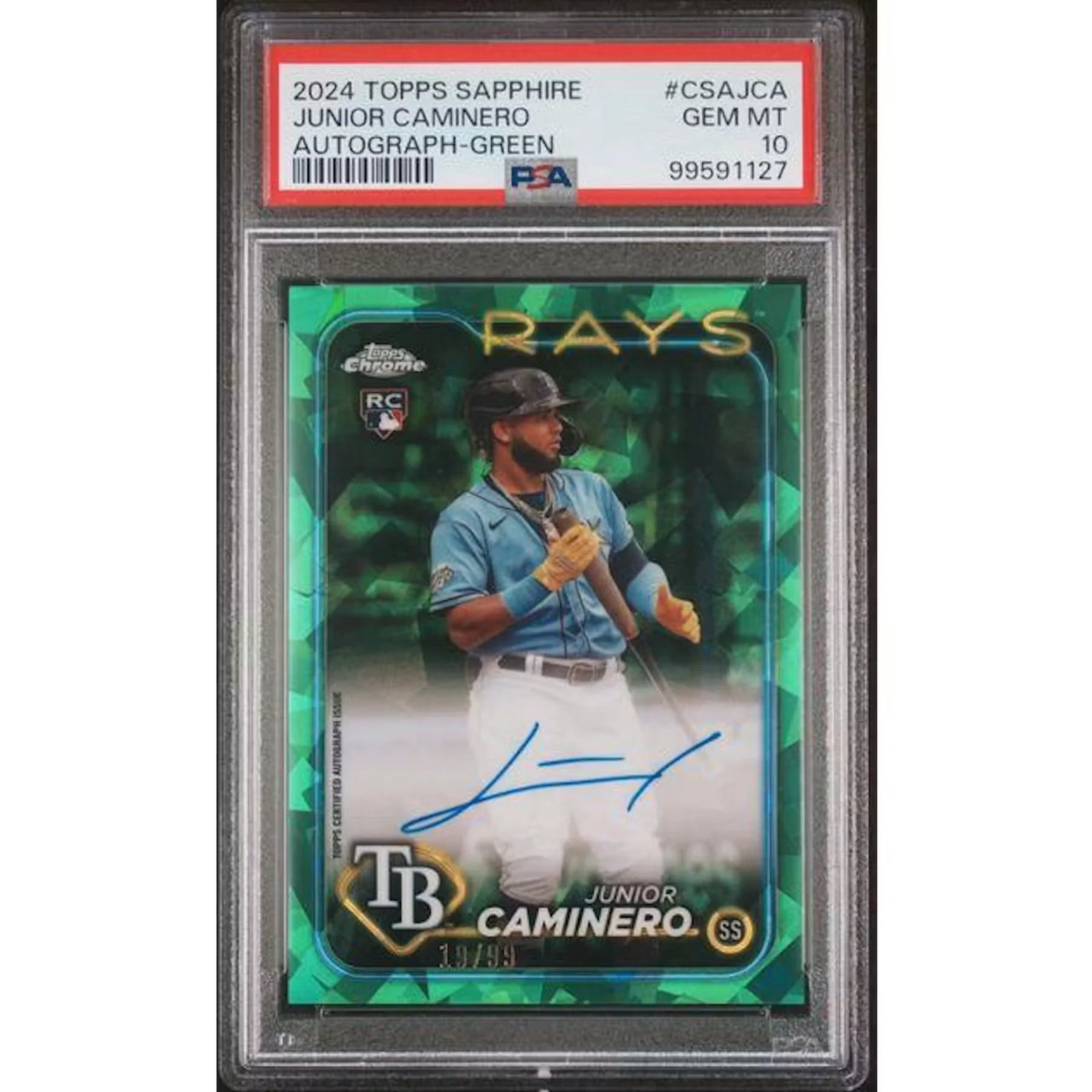 Junior Caminero 2024 Topps Chrome Sapphire Rookie Auto | Green/99 PSA 10