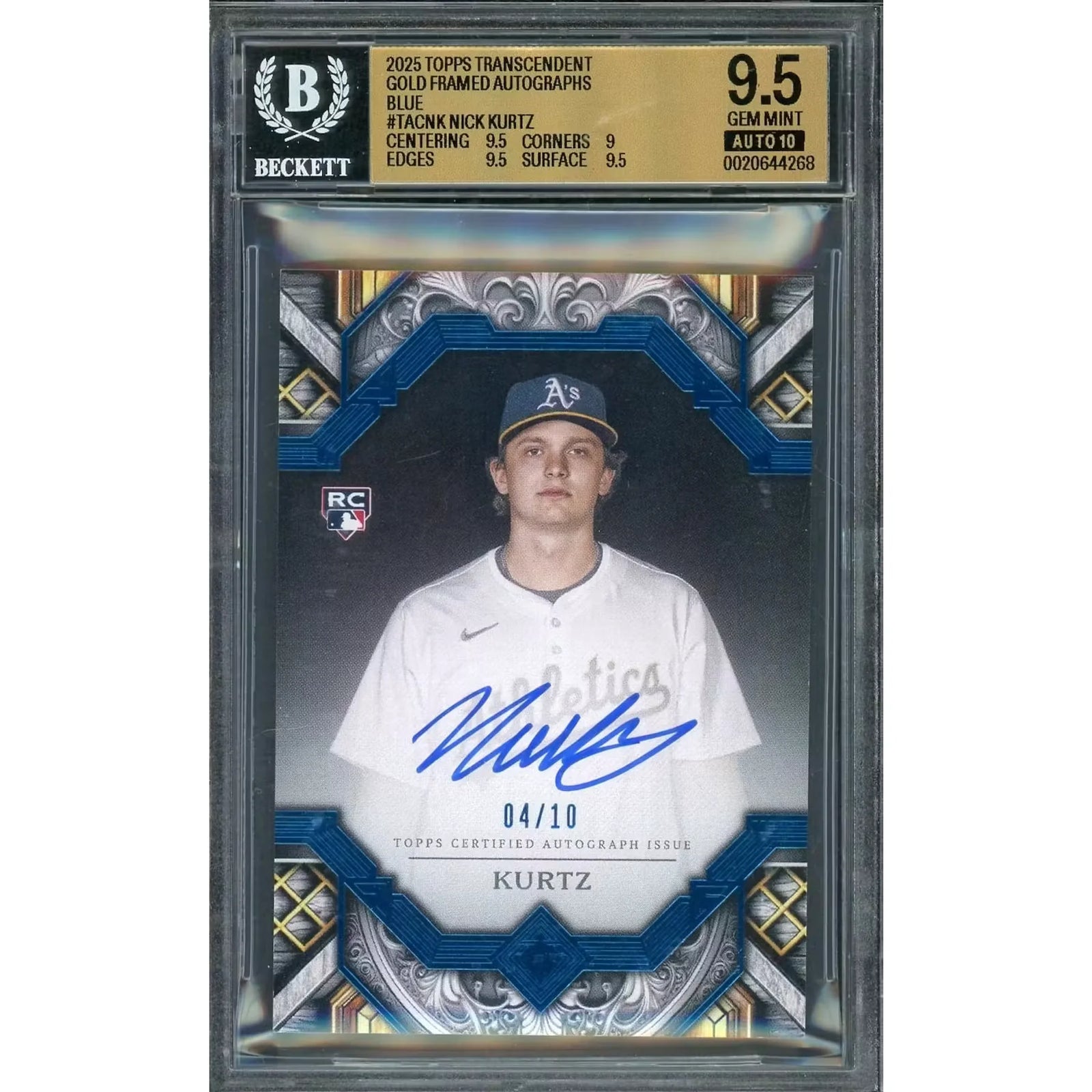 Nick Kurtz Signed 2025 Topps Transcendent Rookie Card | Gold Framed Blue Auto/10 BGS 9.5