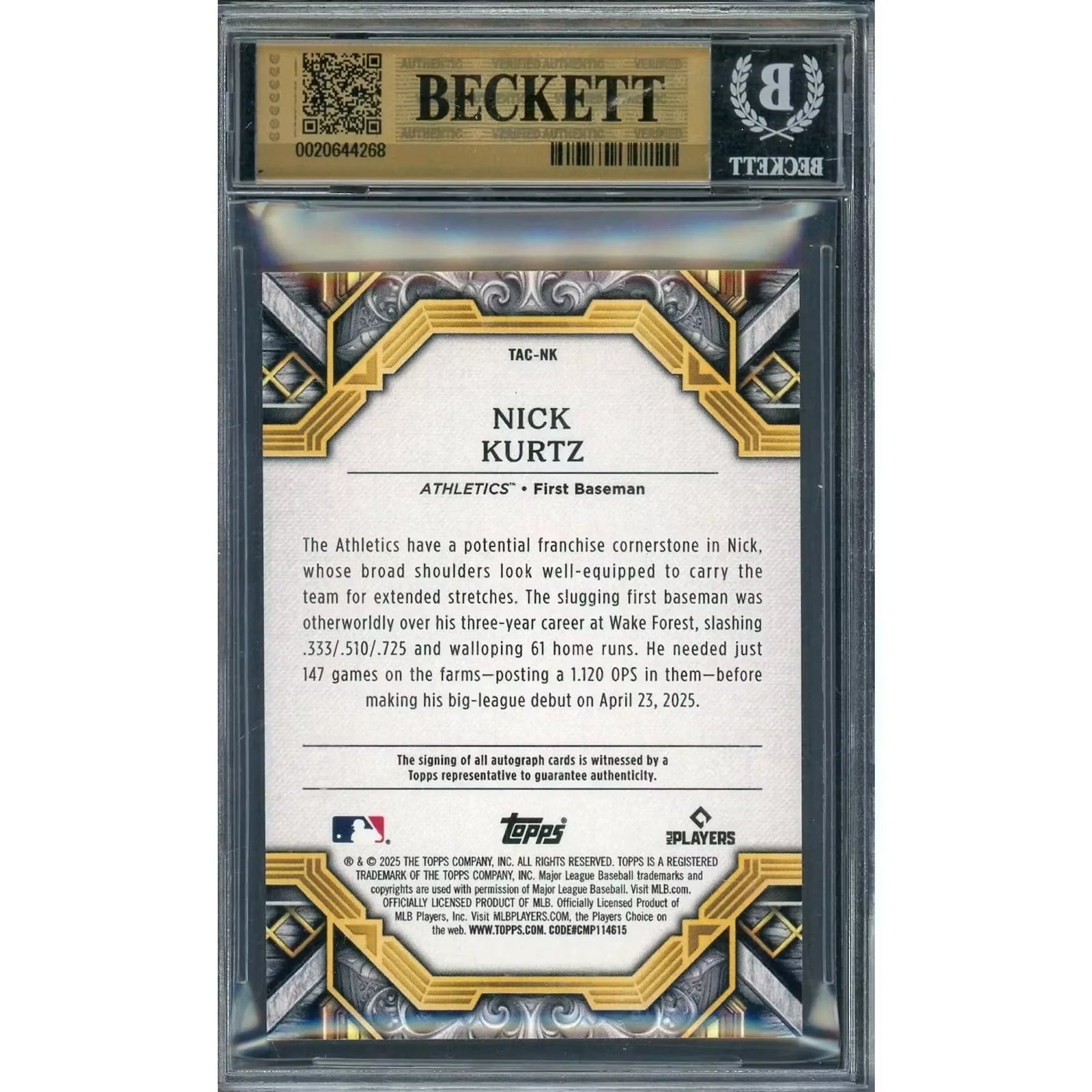 Nick Kurtz Signed 2025 Topps Transcendent Rookie Card | Gold Framed Blue Auto/10 BGS 9.5