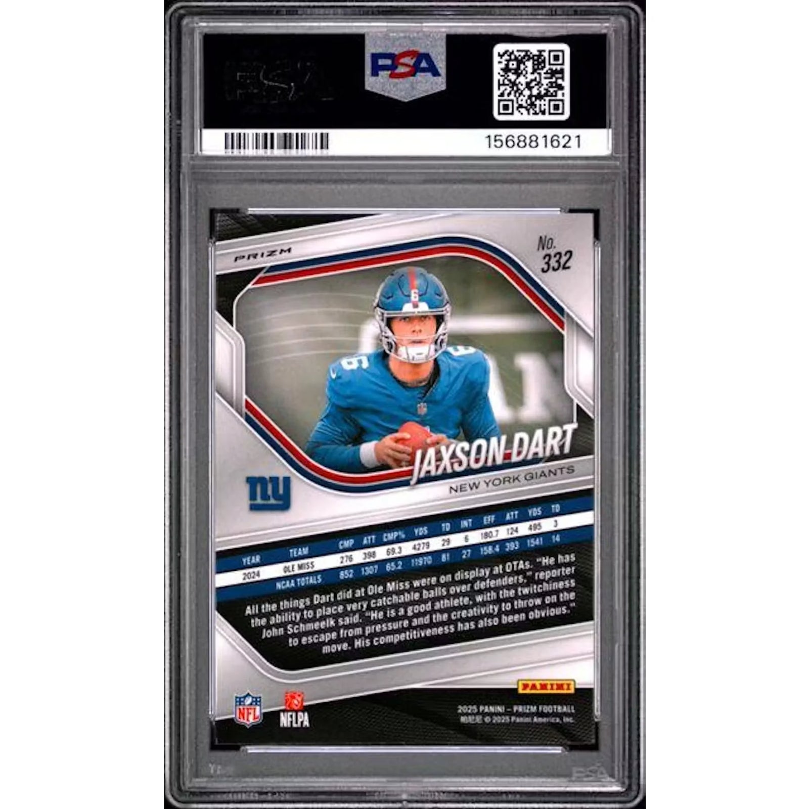 Jaxson Dart 2025 Panini Prizm Silver Prizm Rookie #332 | PSA 10