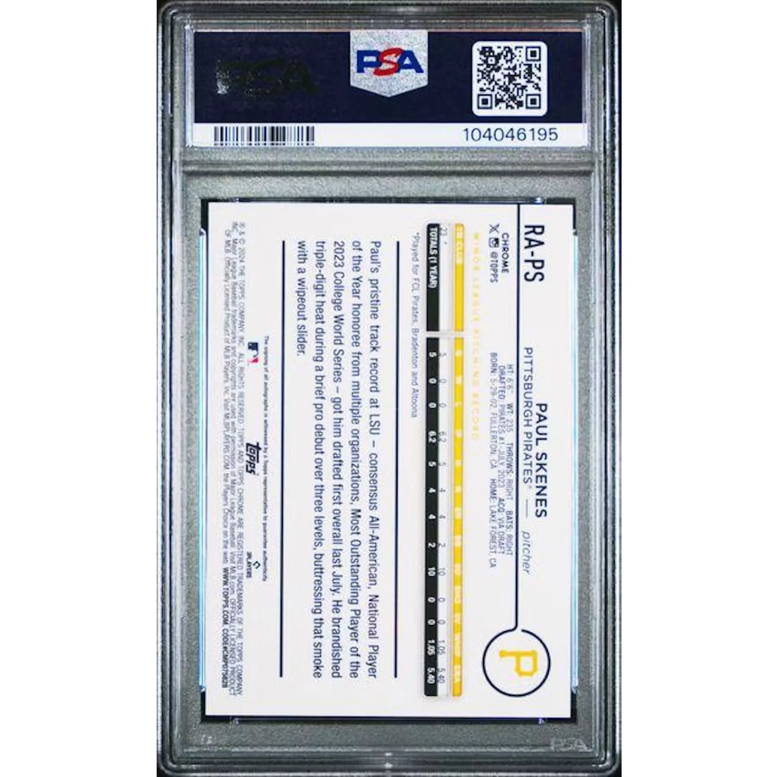 Paul Skenes Signed 2024 Topps Chrome Update Purple Speckle Rookie Card | PSA 9